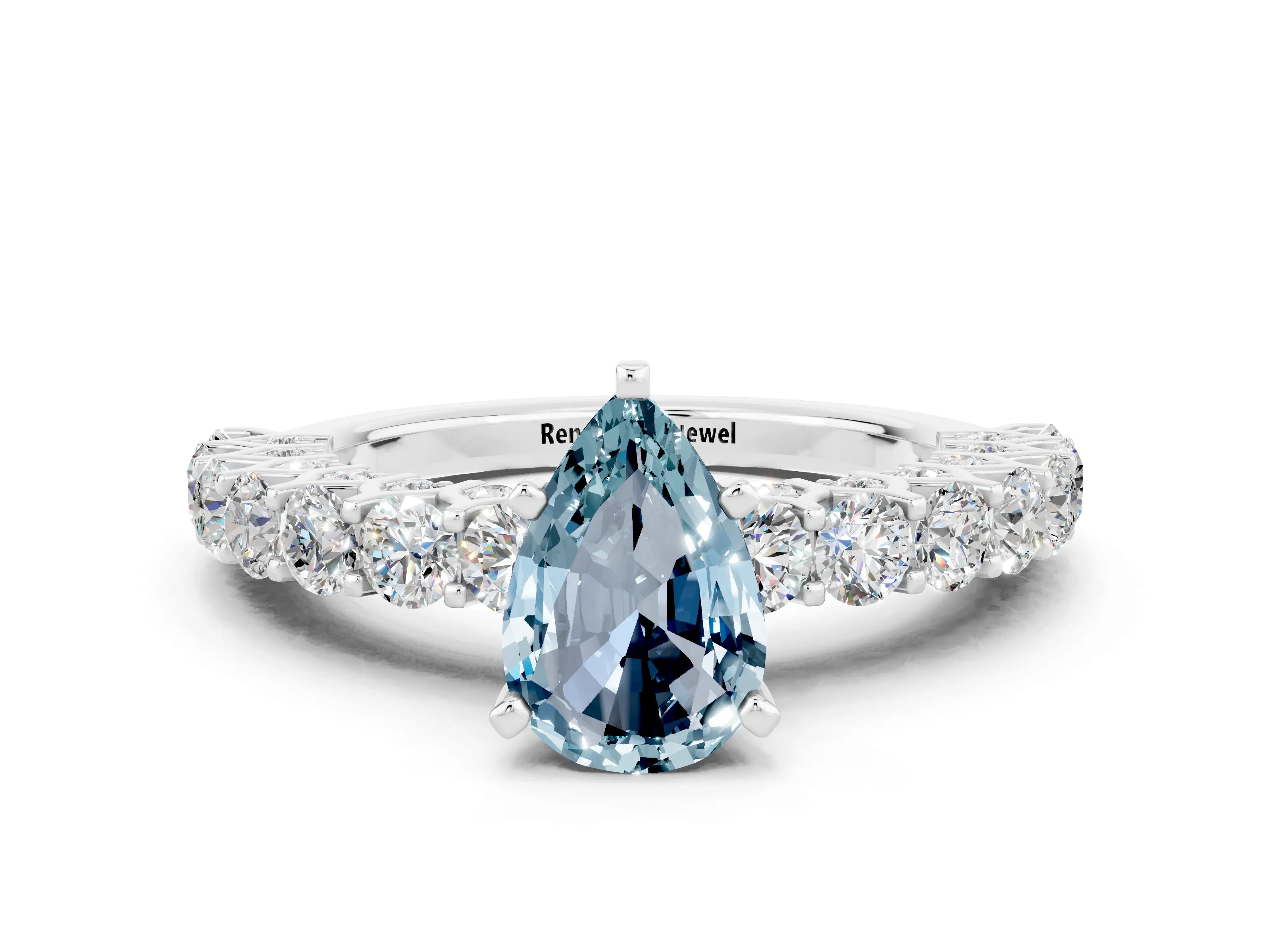 White gold Pear Cut Aquamarine Solitaire Ring with Shared Prong Pavé Band and Four-Prong Setting_12