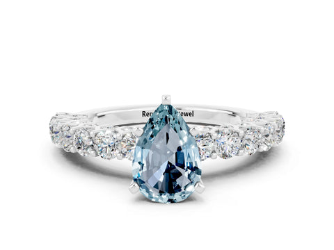 White gold Pear Cut Aquamarine Solitaire Ring with Shared Prong Pavé Band and Four-Prong Setting_12