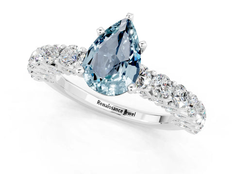 White gold Pear Cut Aquamarine Solitaire Ring with Shared Prong Pavé Band and Four-Prong Setting_13