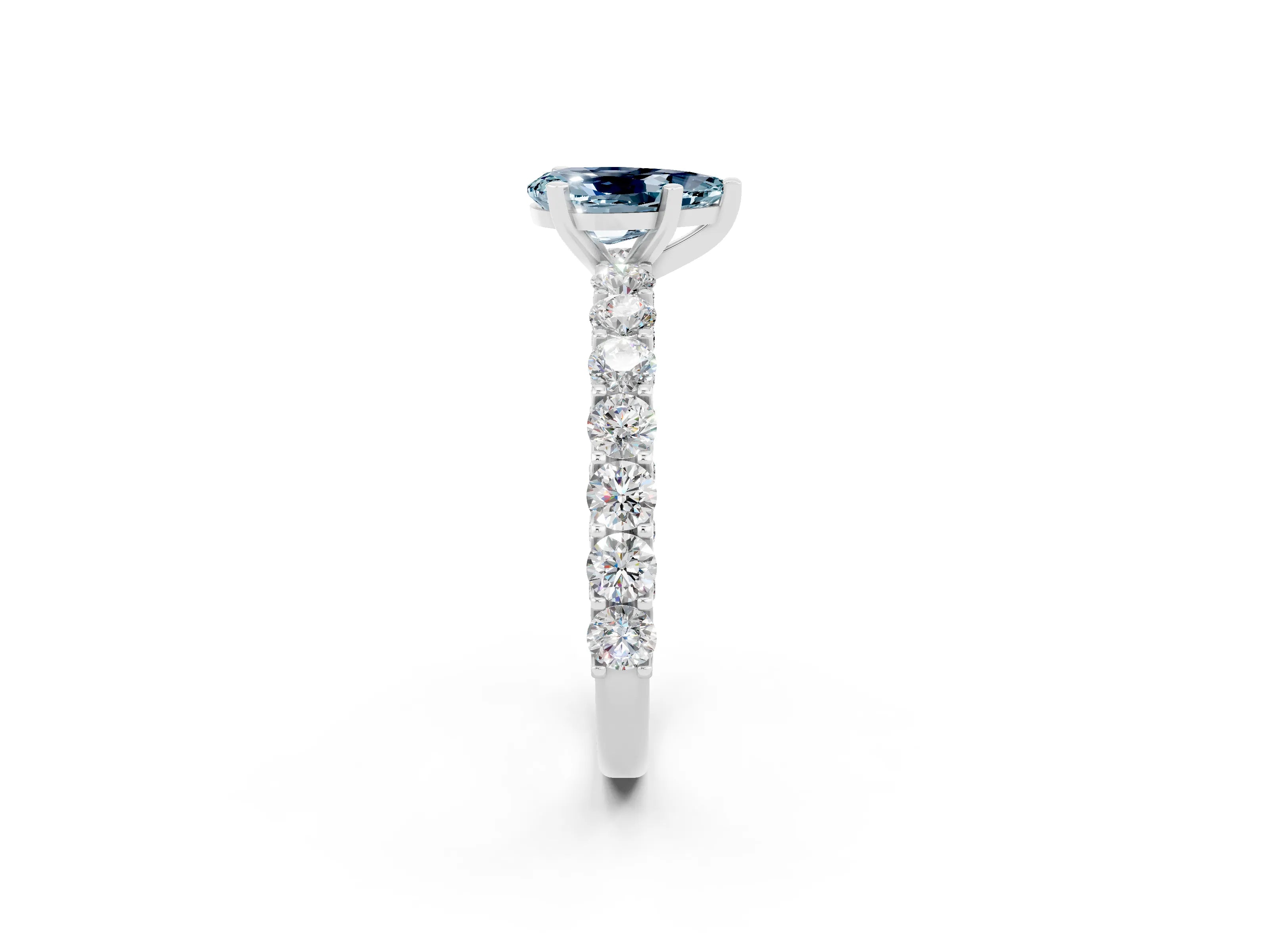 White gold Pear Cut Aquamarine Solitaire Ring with Shared Prong Pavé Band and Four-Prong Setting_14