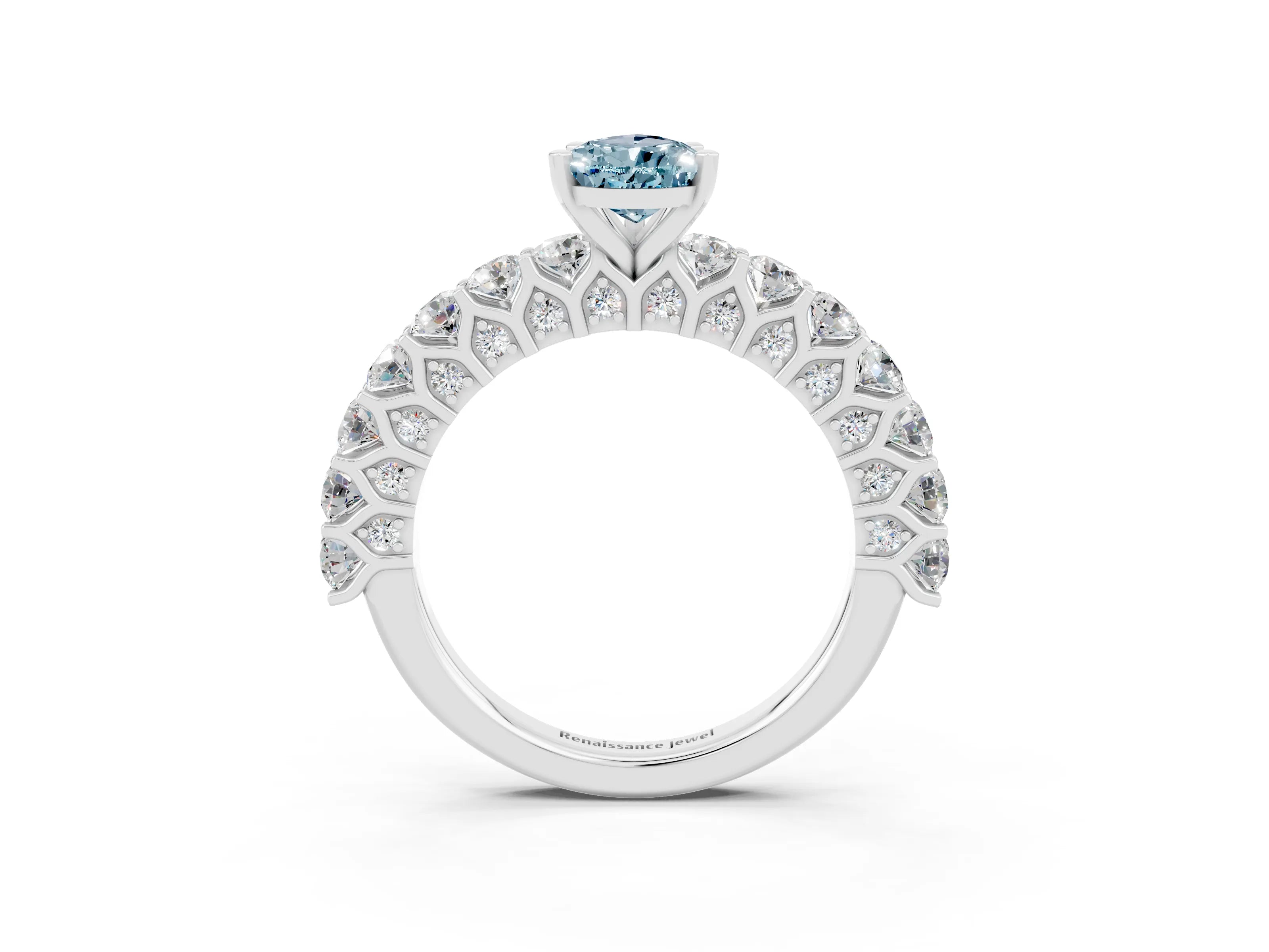 White gold Pear Cut Aquamarine Solitaire Ring with Shared Prong Pavé Band and Four-Prong Setting_15