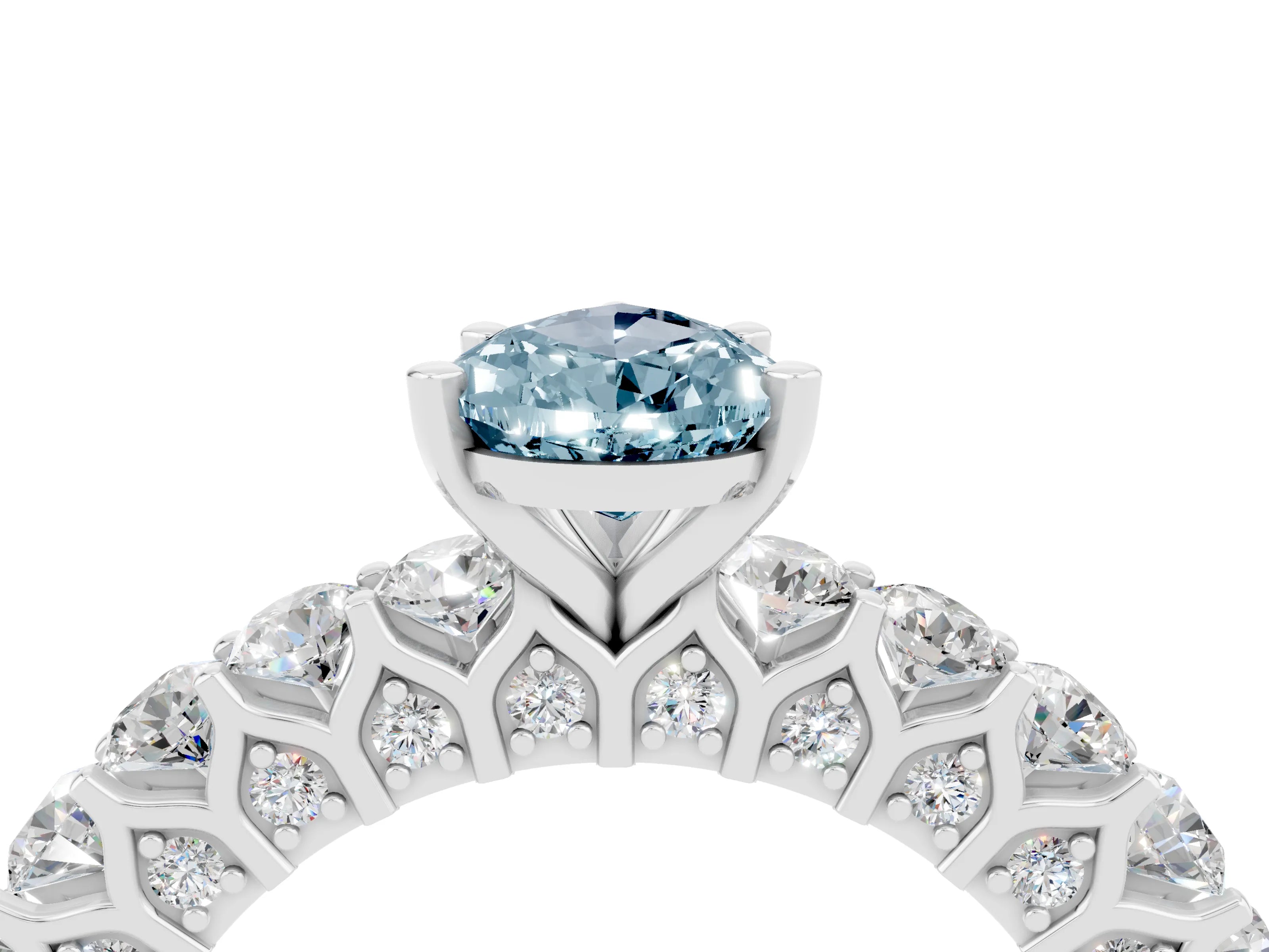 White gold Pear Cut Aquamarine Solitaire Ring with Shared Prong Pavé Band and Four-Prong Setting_16