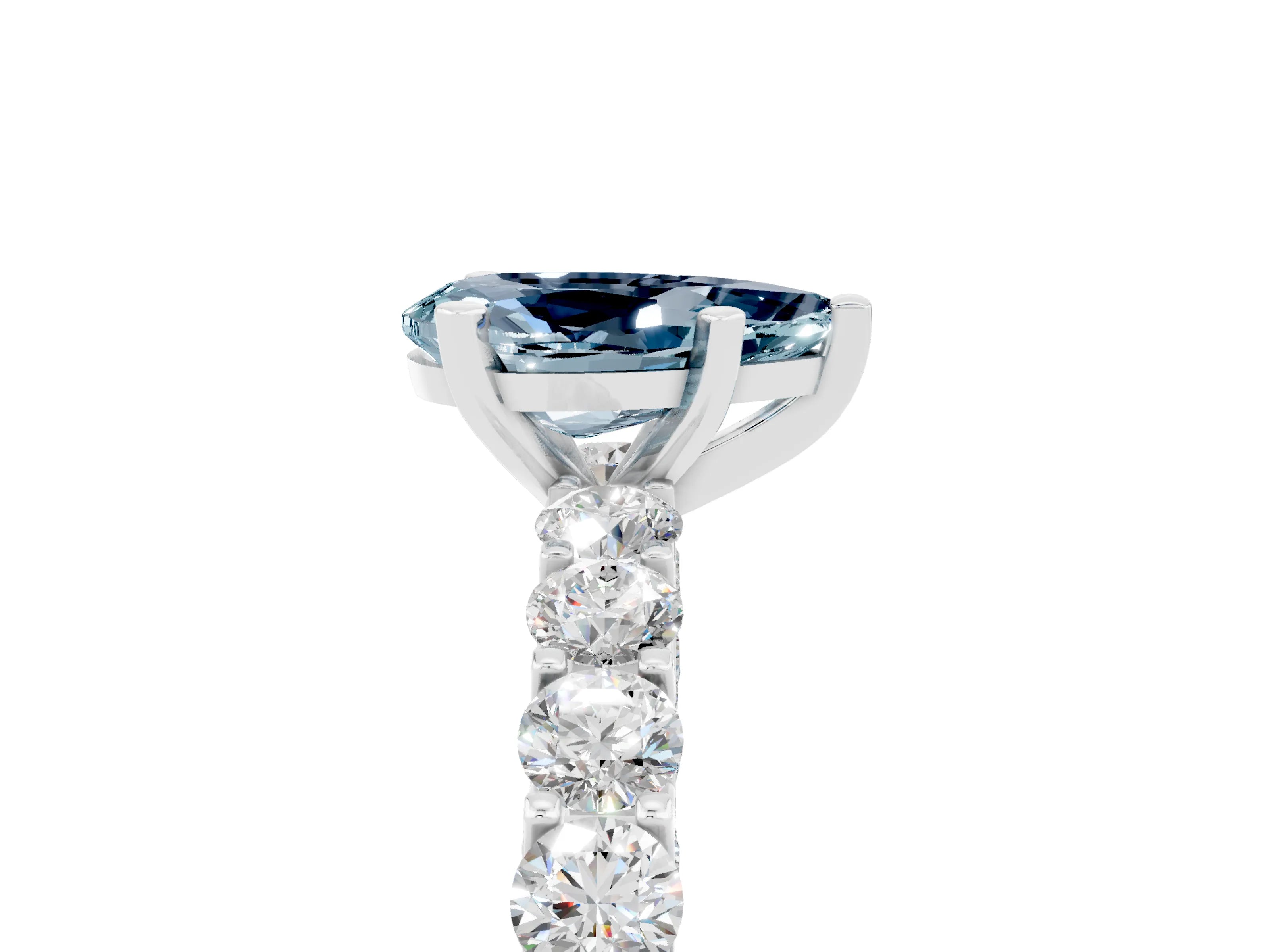 White gold Pear Cut Aquamarine Solitaire Ring with Shared Prong Pavé Band and Four-Prong Setting_17