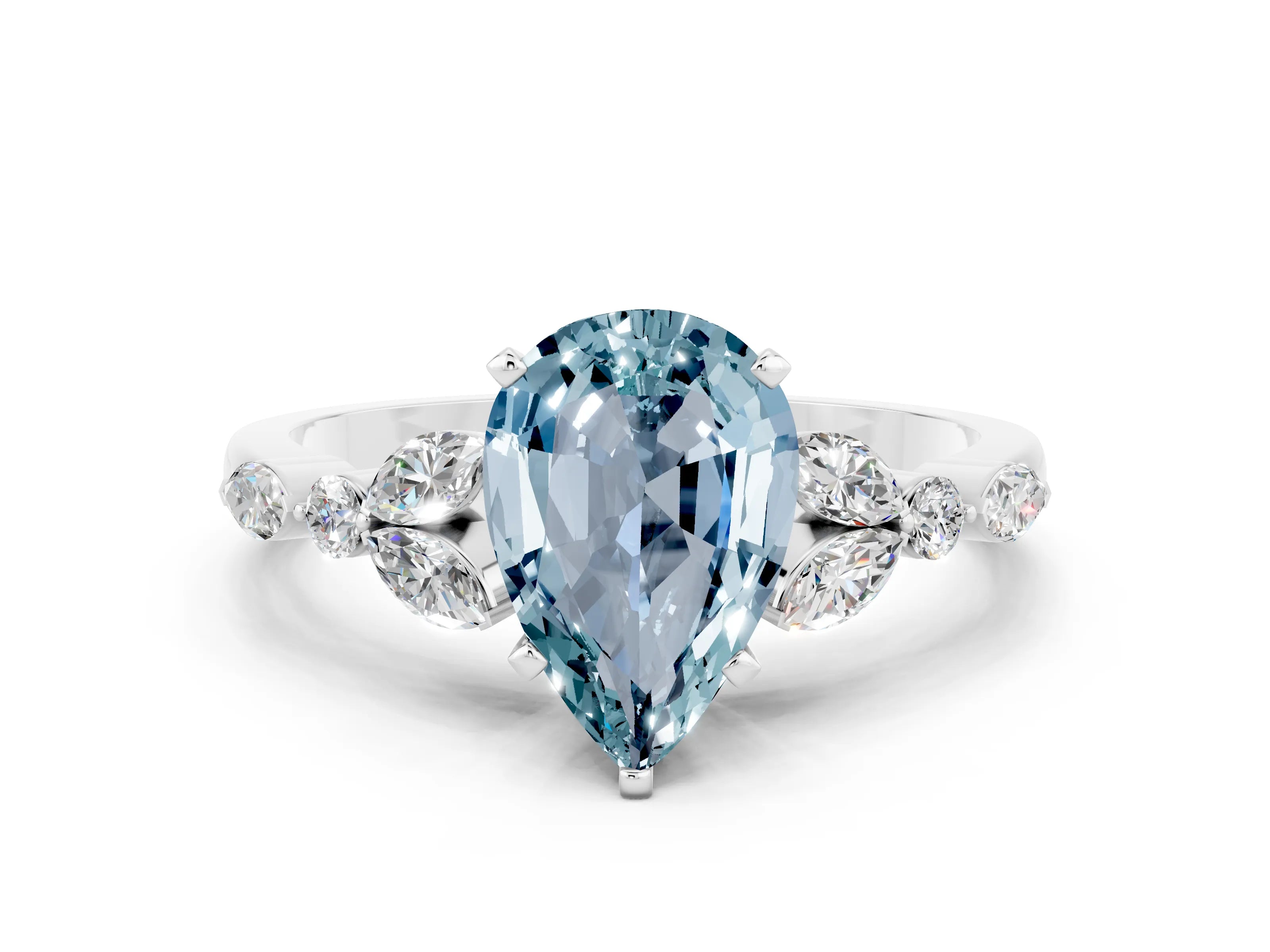 White gold Pear Cut Aquamarine Solitaire Ring with Side Stones and Four-Prong Setting_36
