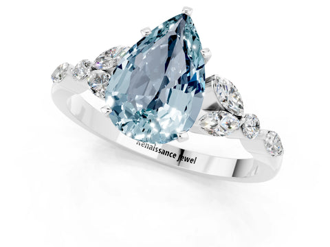 White gold Pear Cut Aquamarine Solitaire Ring with Side Stones and Four-Prong Setting_37