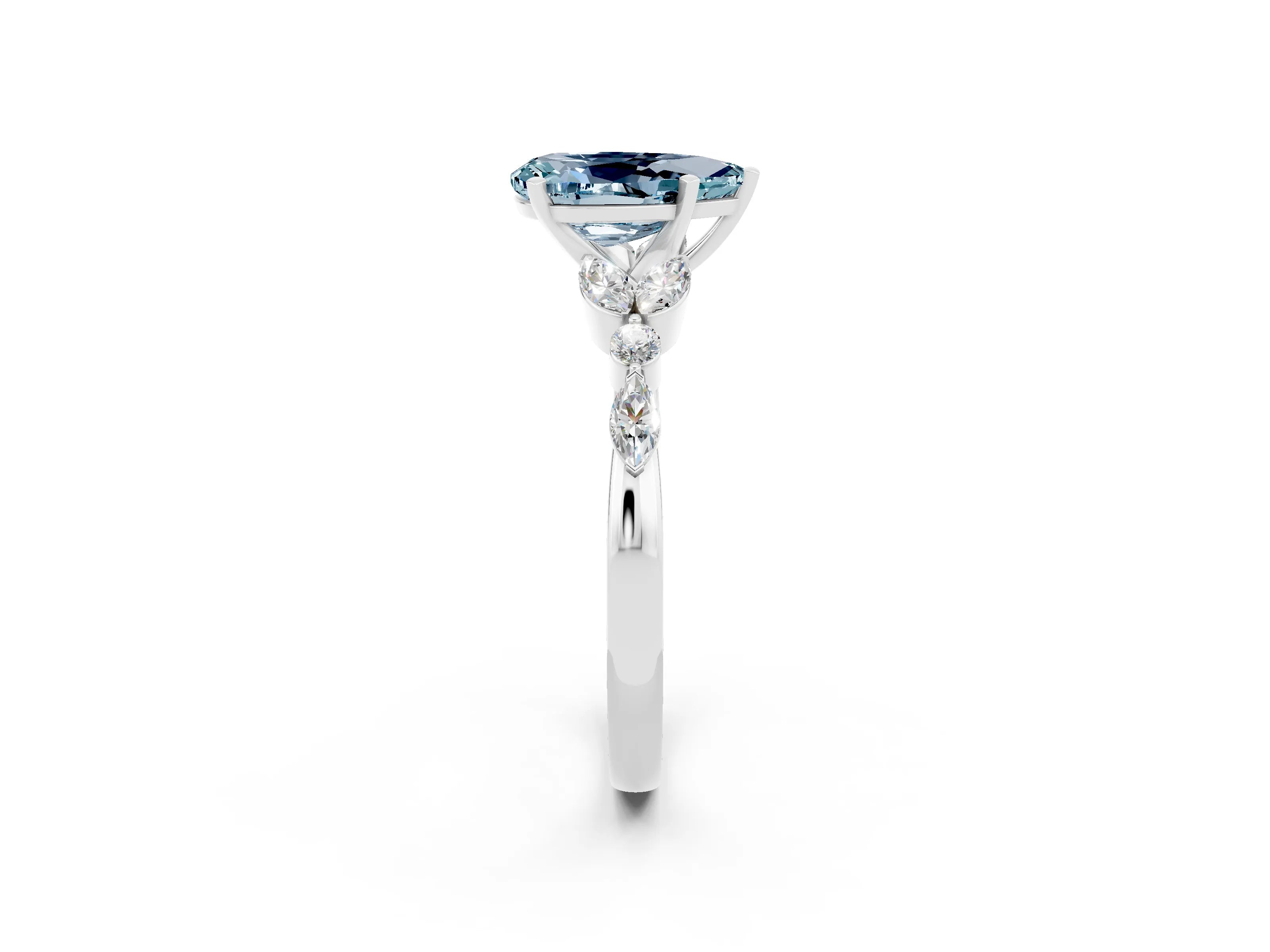 White gold Pear Cut Aquamarine Solitaire Ring with Side Stones and Four-Prong Setting_38