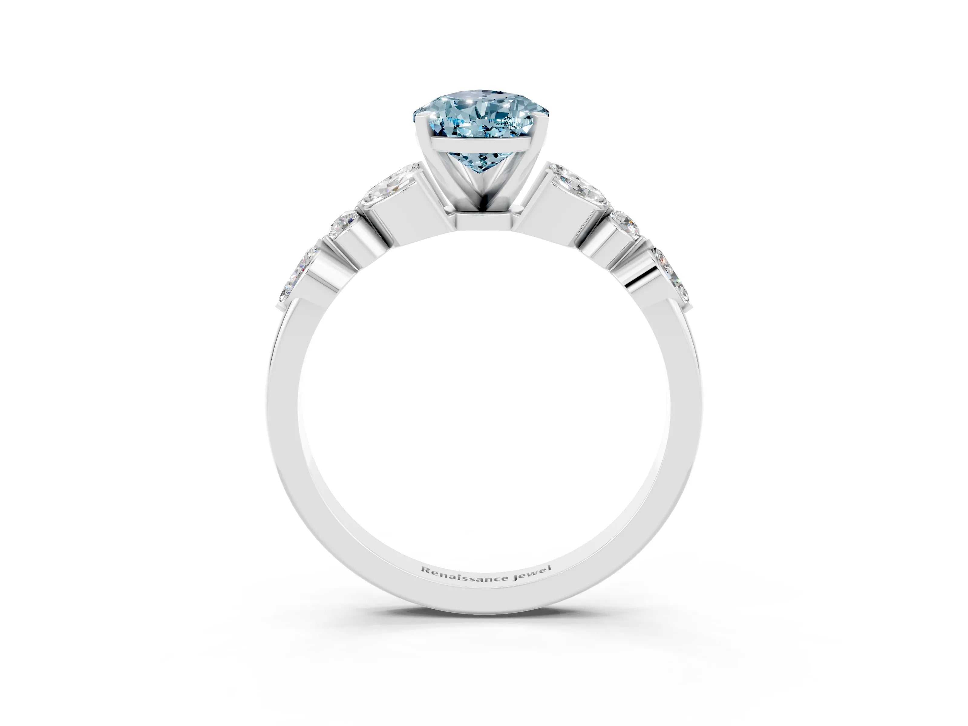 White gold Pear Cut Aquamarine Solitaire Ring with Side Stones and Four-Prong Setting_39