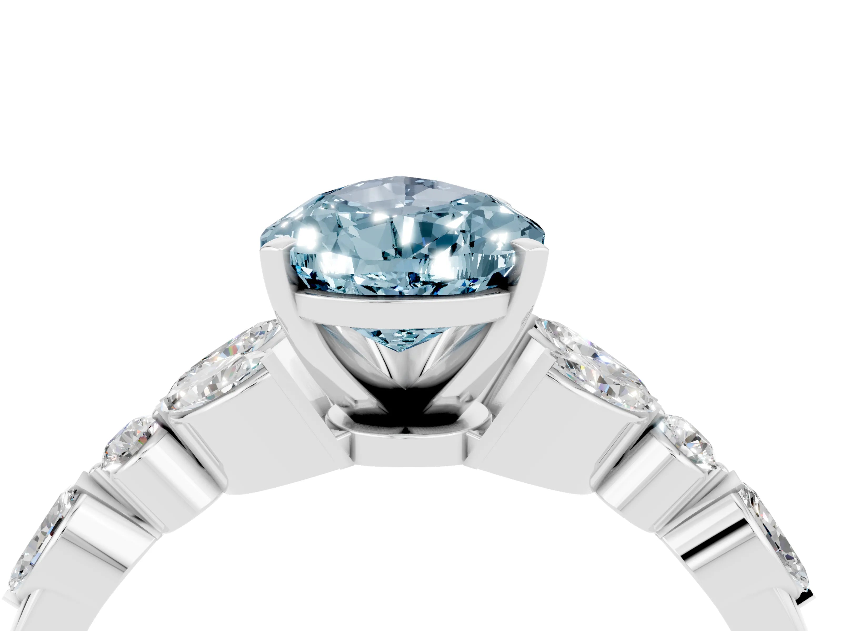 White gold Pear Cut Aquamarine Solitaire Ring with Side Stones and Four-Prong Setting_40