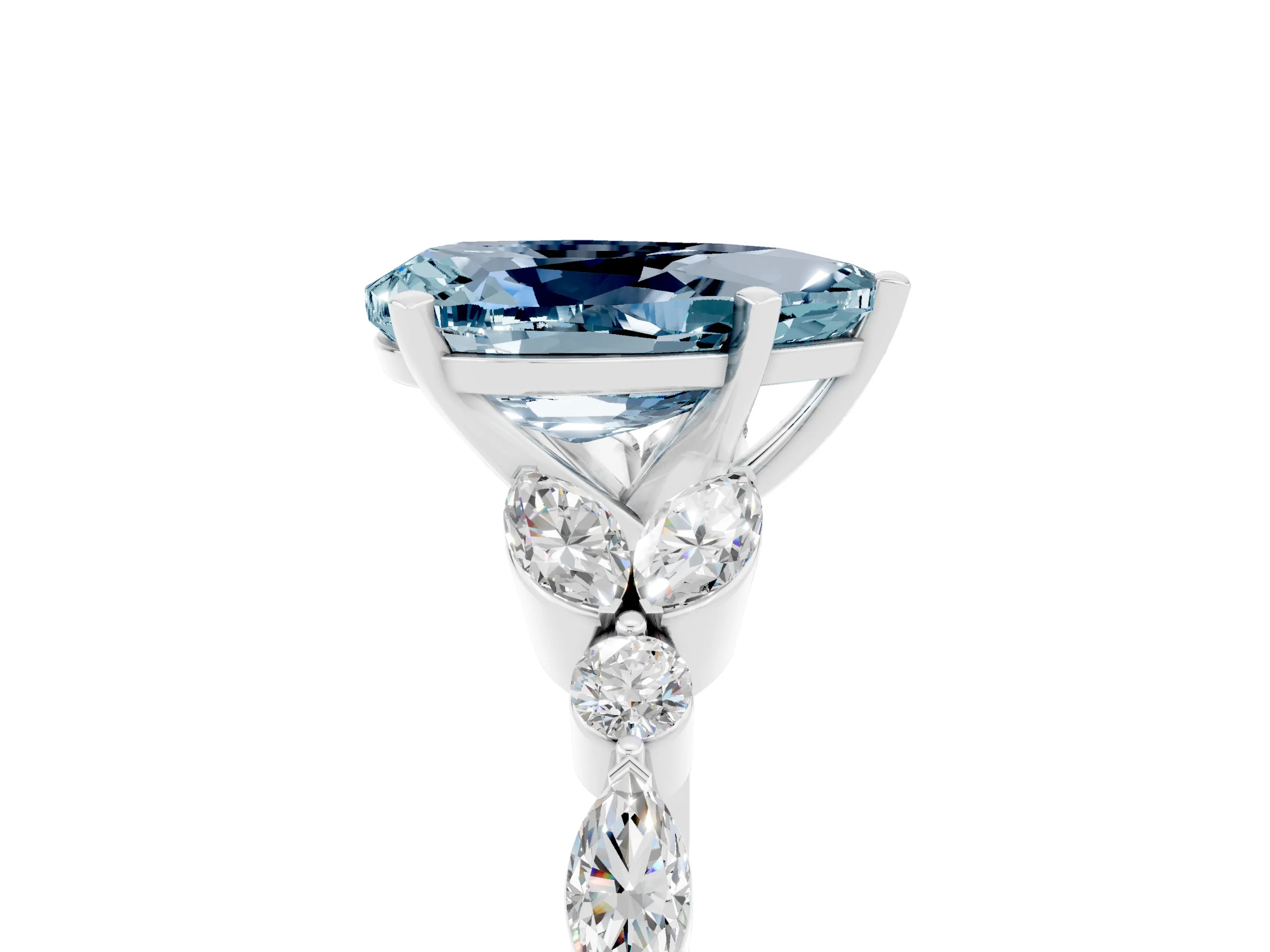 White gold Pear Cut Aquamarine Solitaire Ring with Side Stones and Four-Prong Setting_41