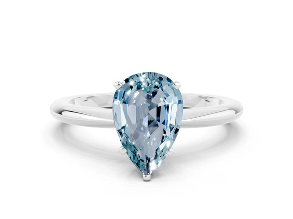 White gold Pear Cut Aquamarine Solitaire Ring with Six-Prong Setting and Classic Band