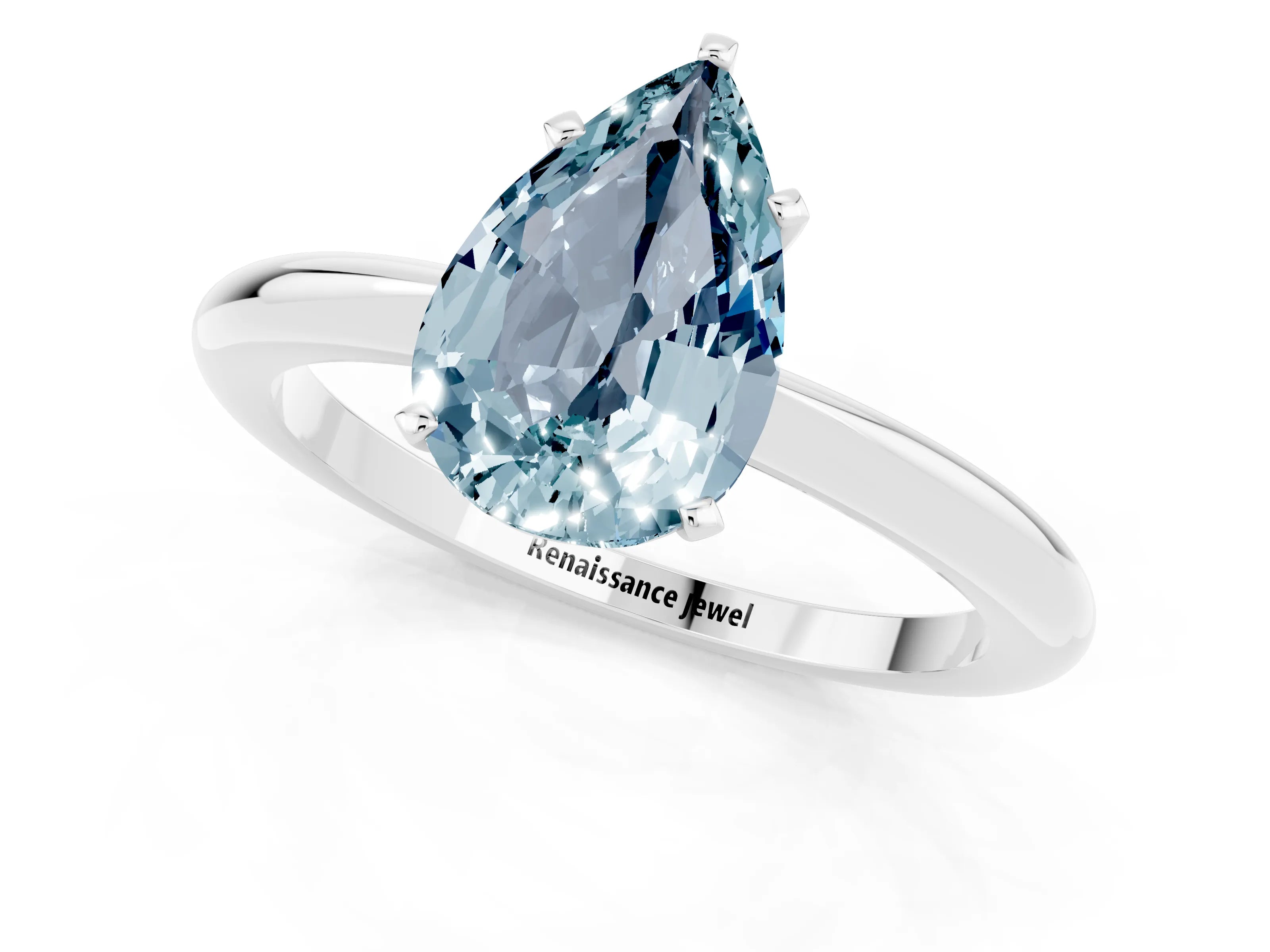White gold Pear Cut Aquamarine Solitaire Ring with Six-Prong Setting and Classic Band_13