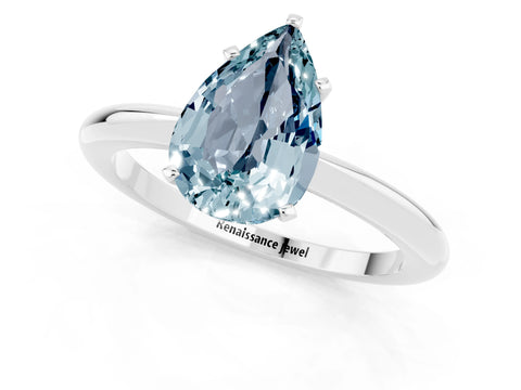 White gold Pear Cut Aquamarine Solitaire Ring with Six-Prong Setting and Classic Band_13