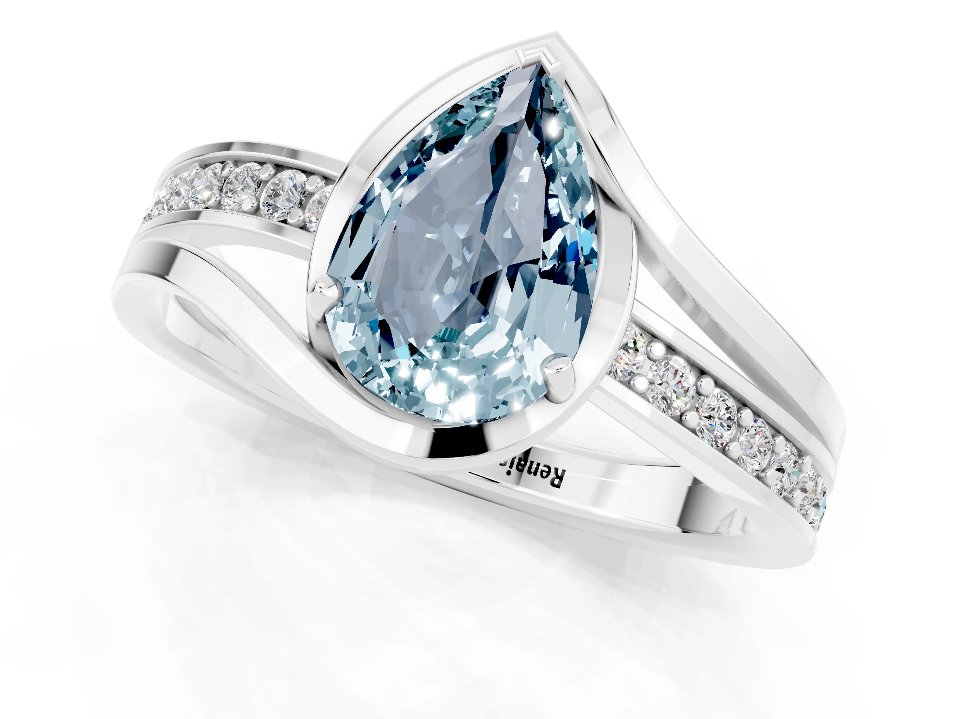 White gold Pear Cut Aquamarine Solitaire Ring with Split Shank and Prong Setting_1