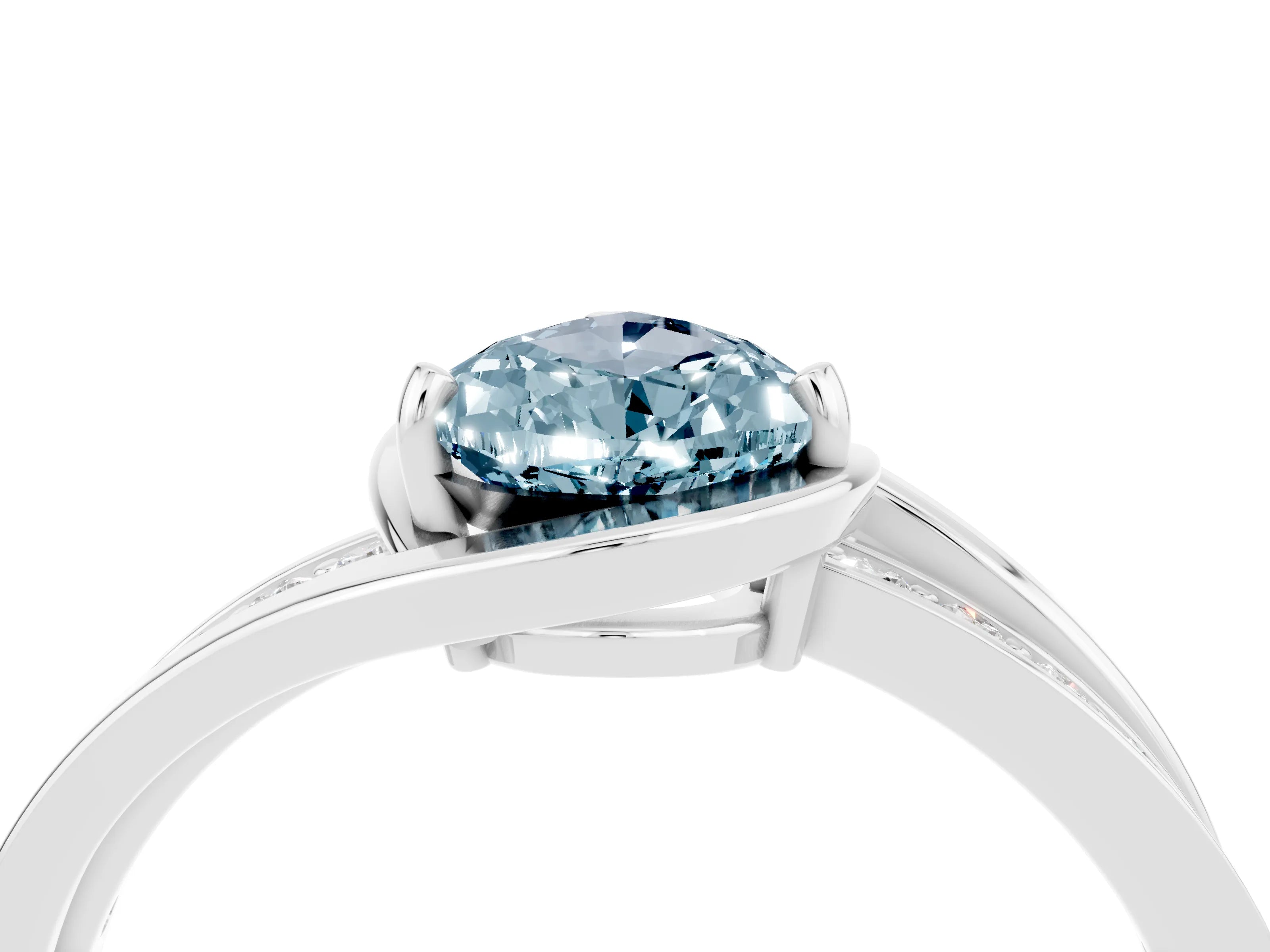 White gold Pear Cut Aquamarine Solitaire Ring with Split Shank and Prong Setting_4