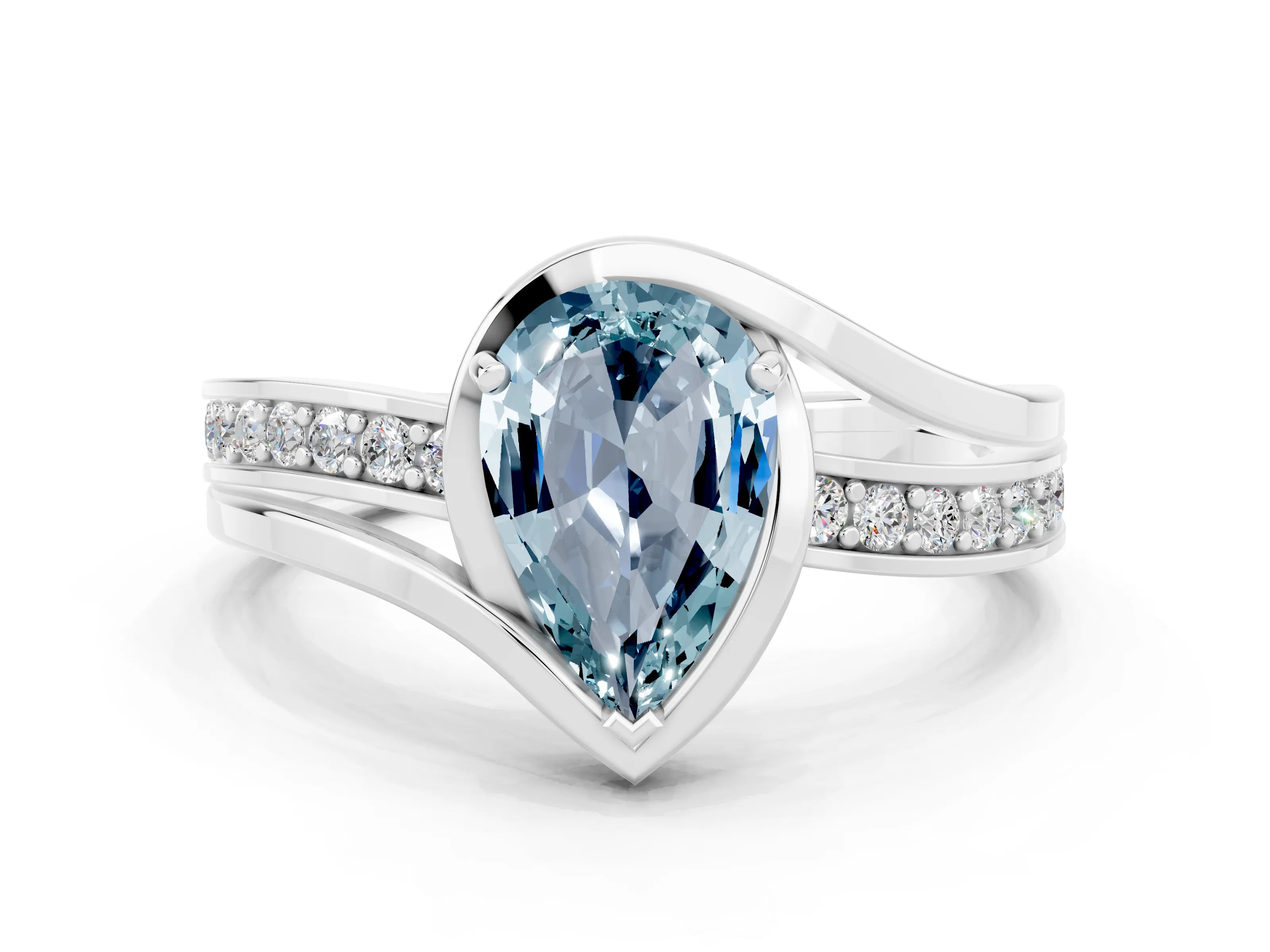 White gold Pear Cut Aquamarine Solitaire Ring with Split Shank and Prong Setting