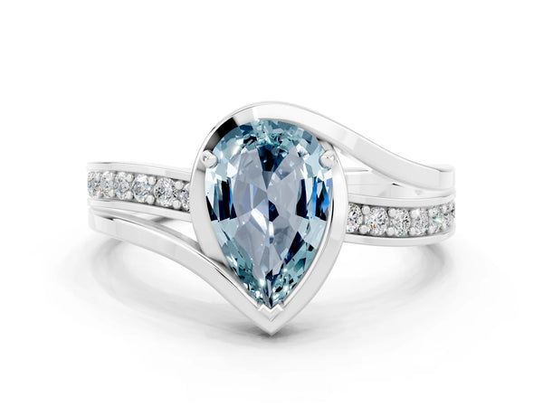 Silver Pear Cut Aquamarine Solitaire Ring with Split Shank and Prong Setting