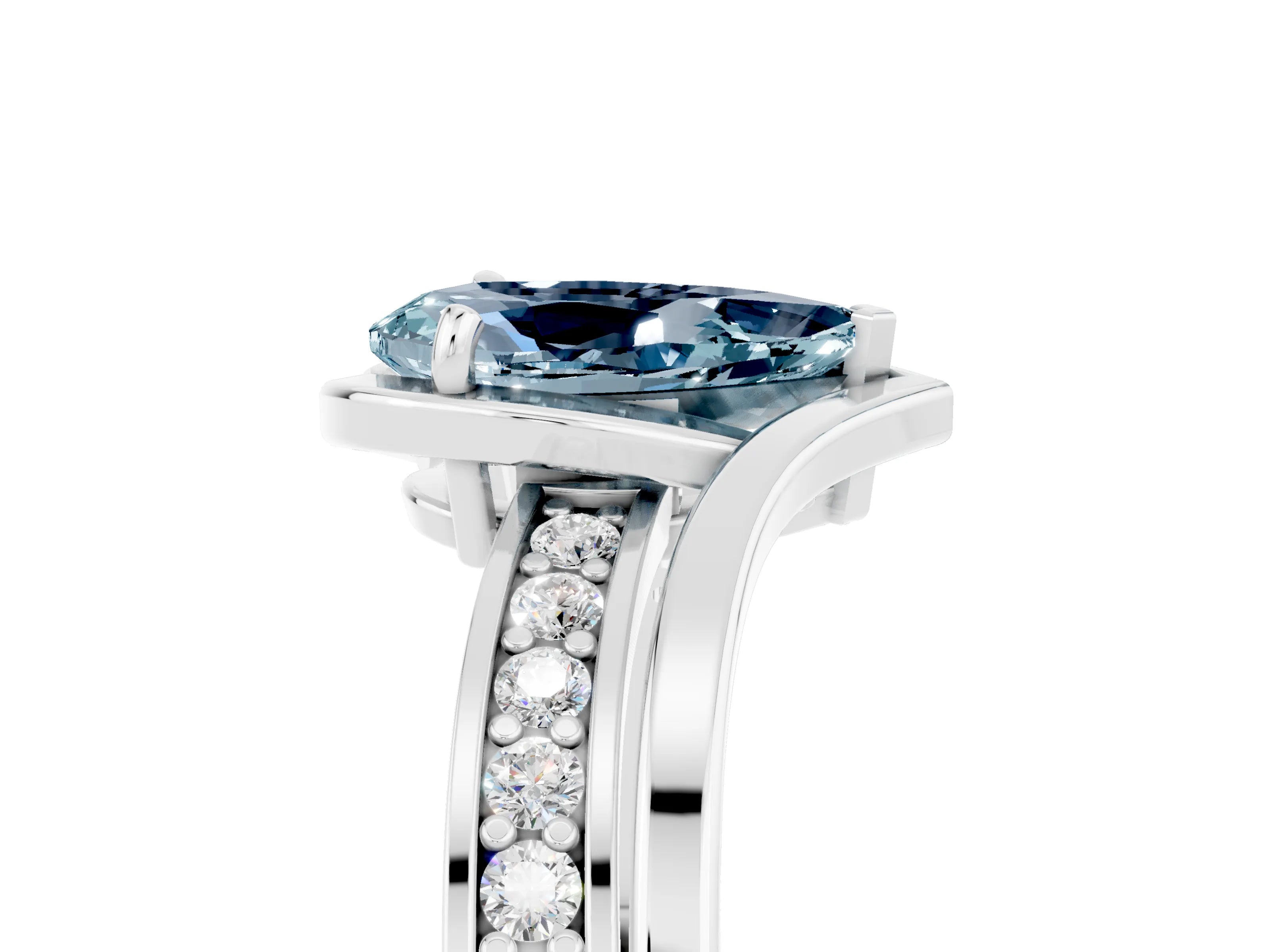 White gold Pear Cut Aquamarine Solitaire Ring with Split Shank and Prong Setting_5