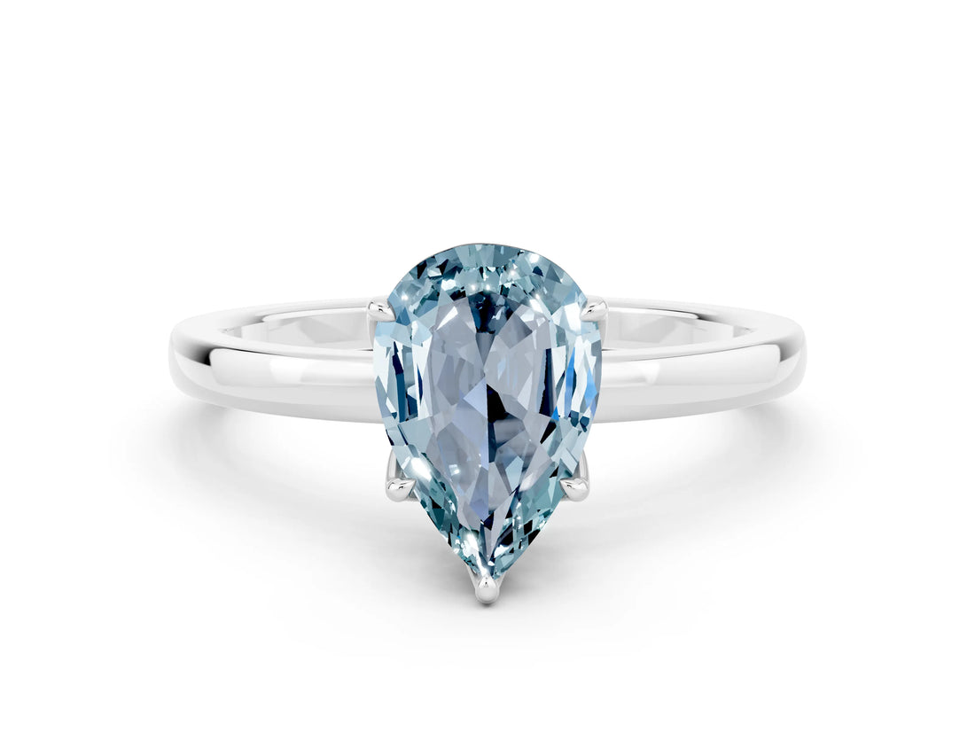 White gold Pear Cut Aquamarine Solitaire Ring with Thin Band and Prong Setting_12