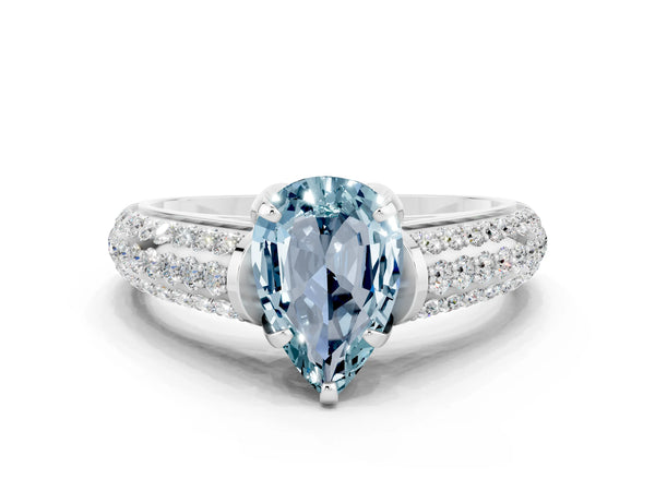 Silver Pear Cut Aquamarine Solitaire Ring with Three-Row Pavé Band and Four-Prong Setting