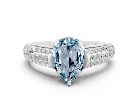 White gold Pear Cut Aquamarine Solitaire Ring with Three-Row Pavé Band and Four-Prong Setting_12