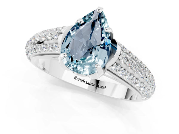 Platinum Pear Cut Aquamarine Solitaire Ring with Three-Row Pavé Band and Four-Prong Setting