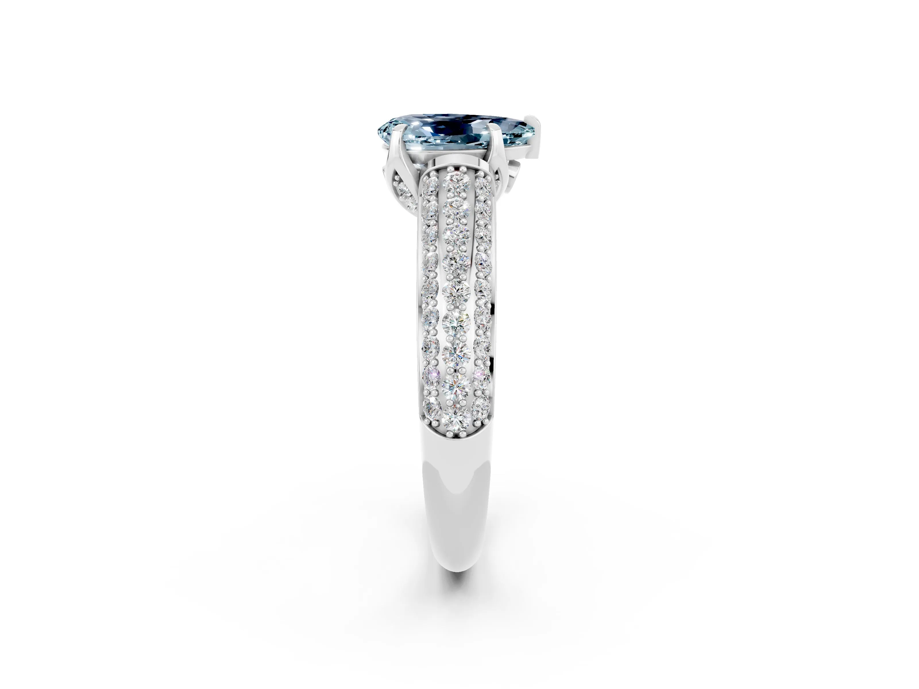 White gold Pear Cut Aquamarine Solitaire Ring with Three-Row Pavé Band and Four-Prong Setting_14