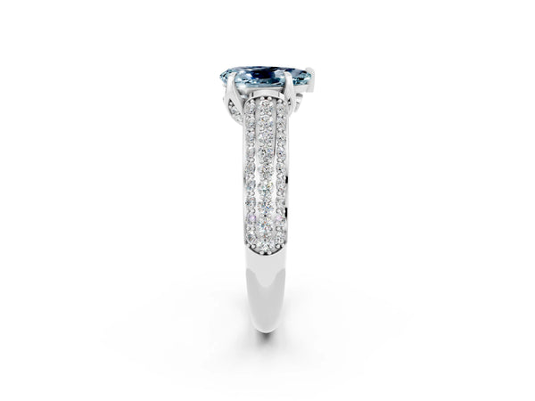 Platinum Pear Cut Aquamarine Solitaire Ring with Three-Row Pavé Band and Four-Prong Setting