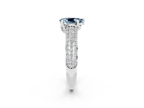 White gold Pear Cut Aquamarine Solitaire Ring with Three-Row Pavé Band and Four-Prong Setting_14