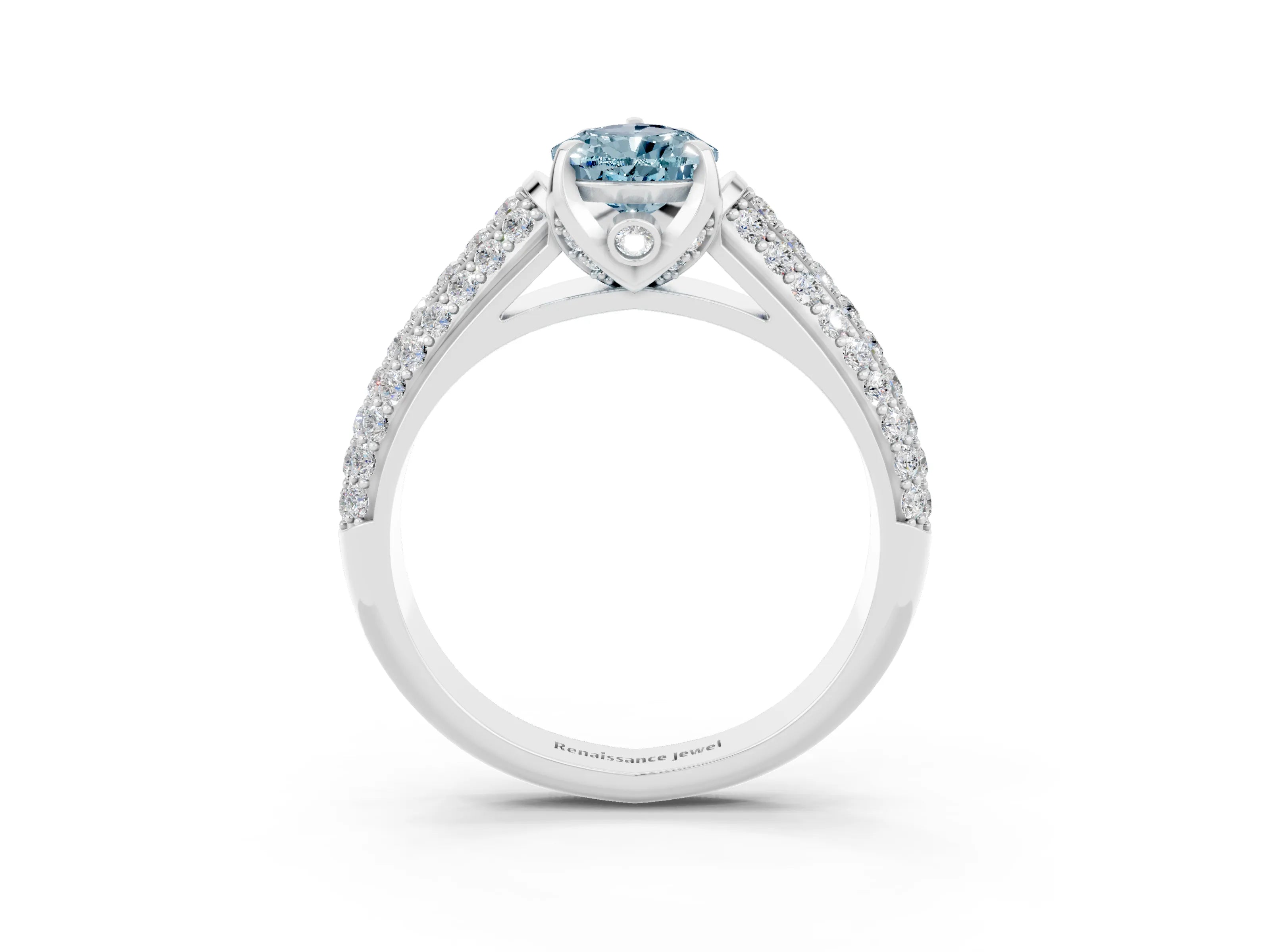 White gold Pear Cut Aquamarine Solitaire Ring with Three-Row Pavé Band and Four-Prong Setting_15