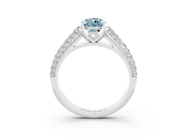 White gold Pear Cut Aquamarine Solitaire Ring with Three-Row Pavé Band and Four-Prong Setting
