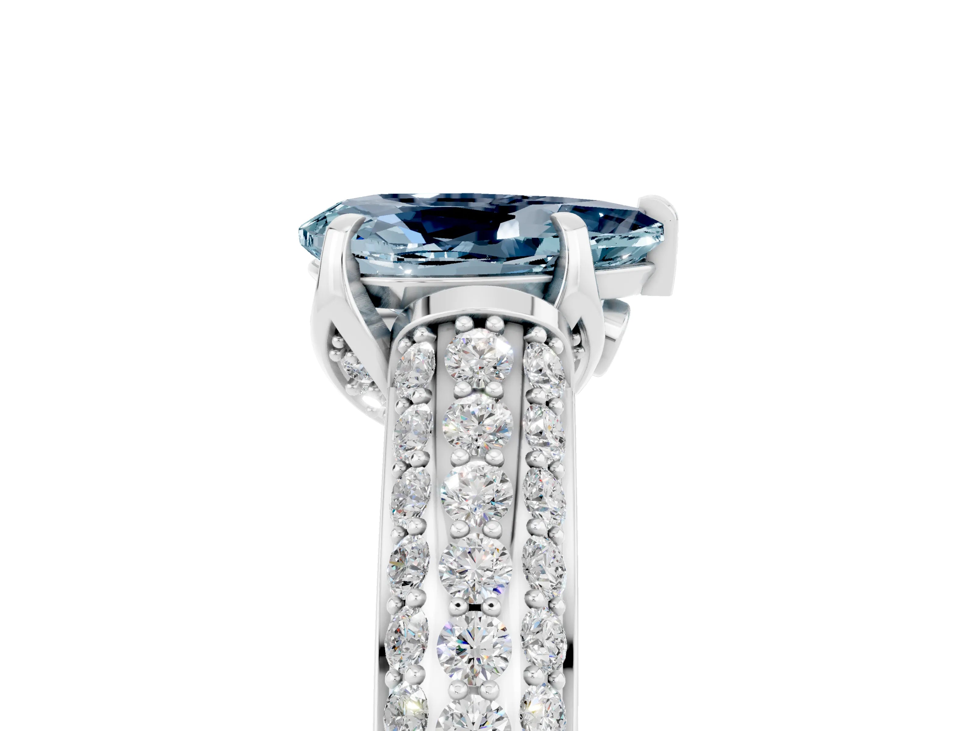 White gold Pear Cut Aquamarine Solitaire Ring with Three-Row Pavé Band and Four-Prong Setting_17