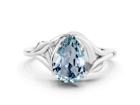 White gold Pear Cut Aquamarine Solitaire Ring with Twist Band and Four-Prong Setting_12