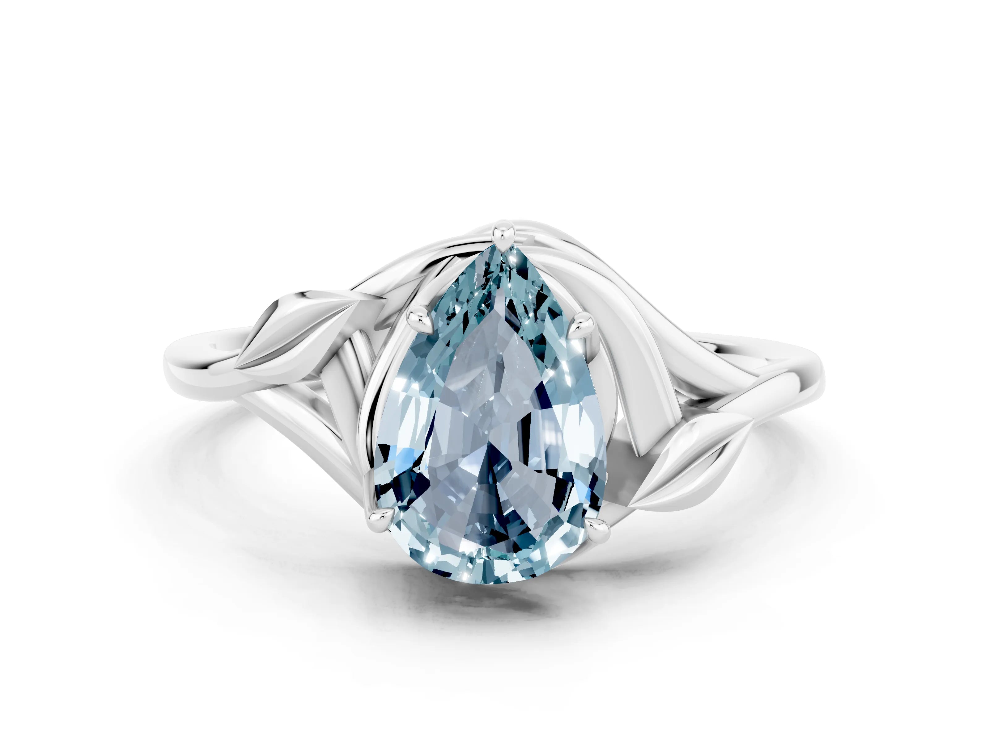 White gold Pear Cut Aquamarine Solitaire Ring with Twist Band and Four-Prong Setting_36