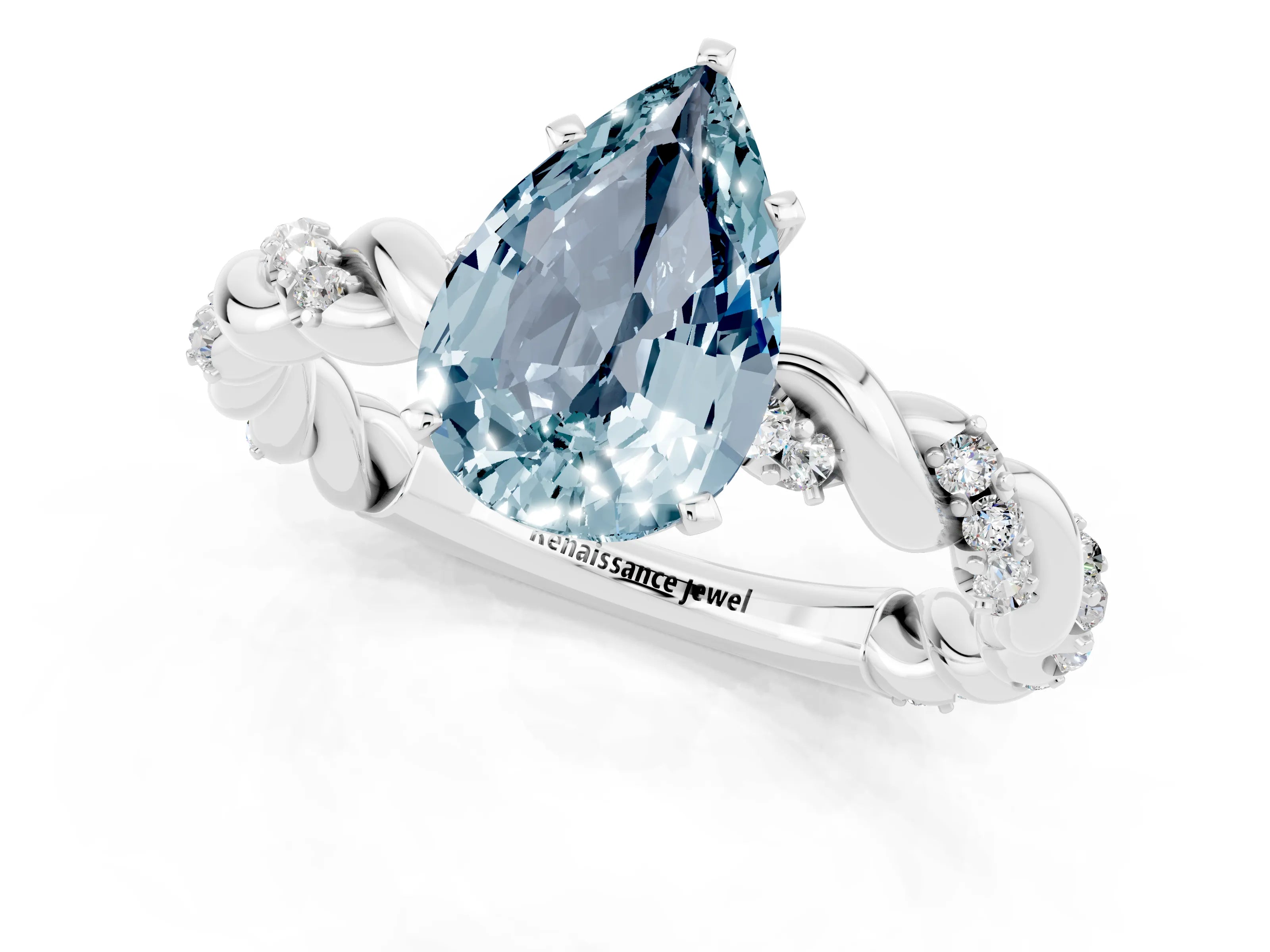 White gold Pear Cut Aquamarine Solitaire Ring with Twisted Band and Pavé Accents_1