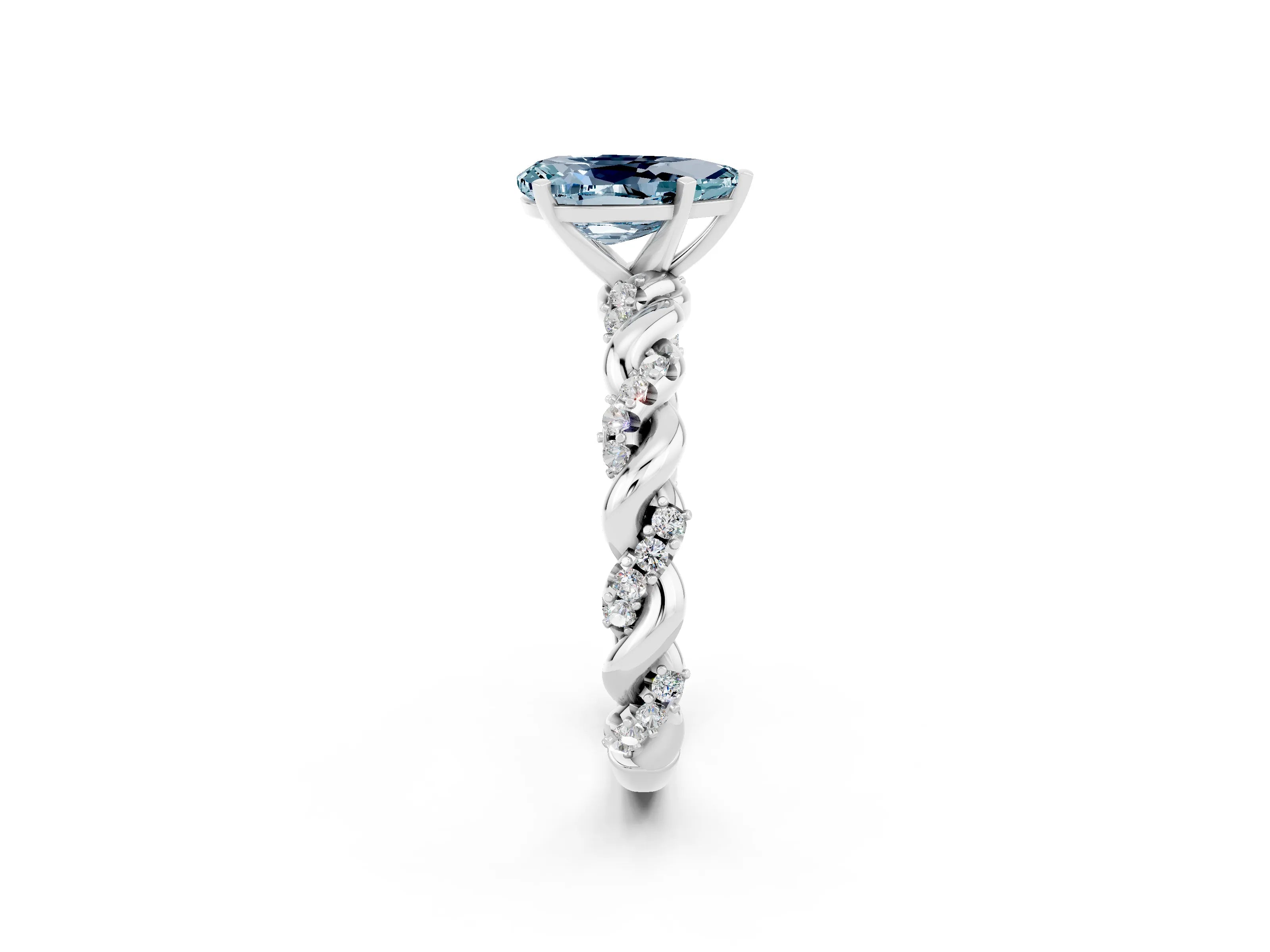 White gold Pear Cut Aquamarine Solitaire Ring with Twisted Band and Pavé Accents_2