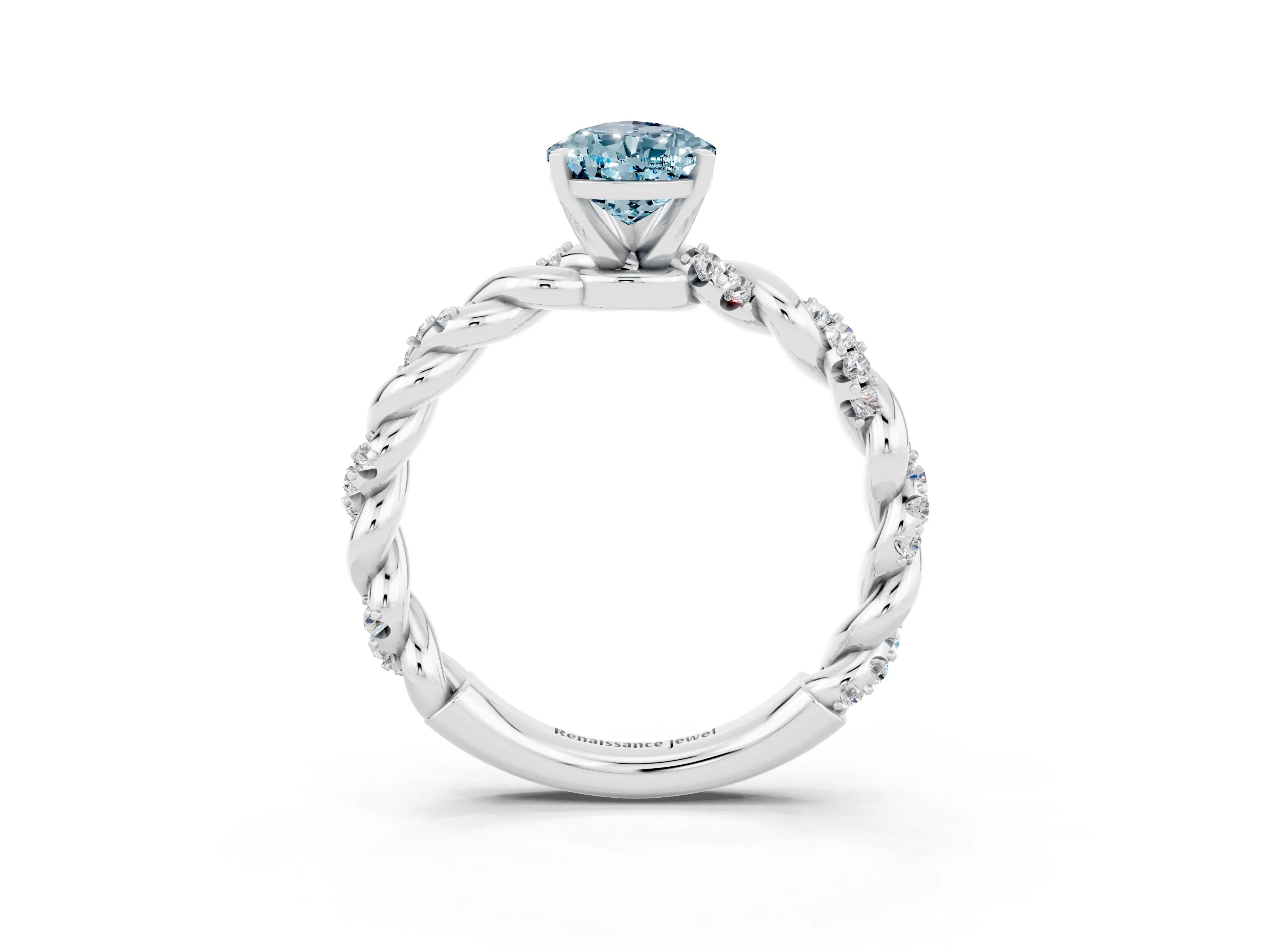 White gold Pear Cut Aquamarine Solitaire Ring with Twisted Band and Pavé Accents_3