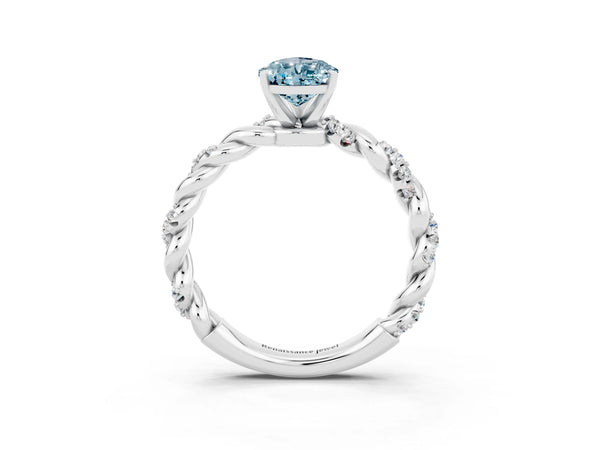 Platinum Pear Cut Aquamarine Solitaire Ring with Twisted Band and Pavé Accents