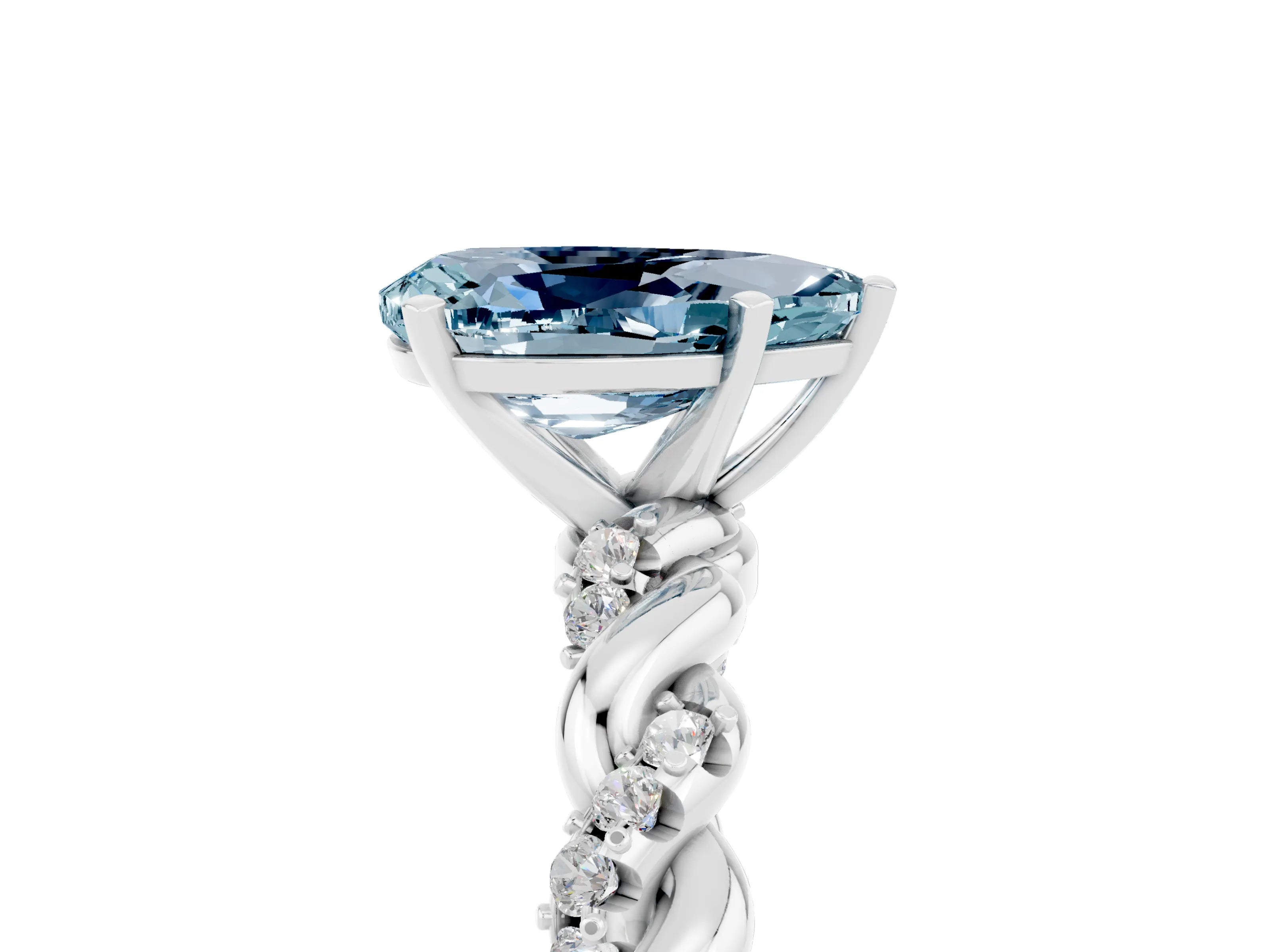 White gold Pear Cut Aquamarine Solitaire Ring with Twisted Band and Pavé Accents_5