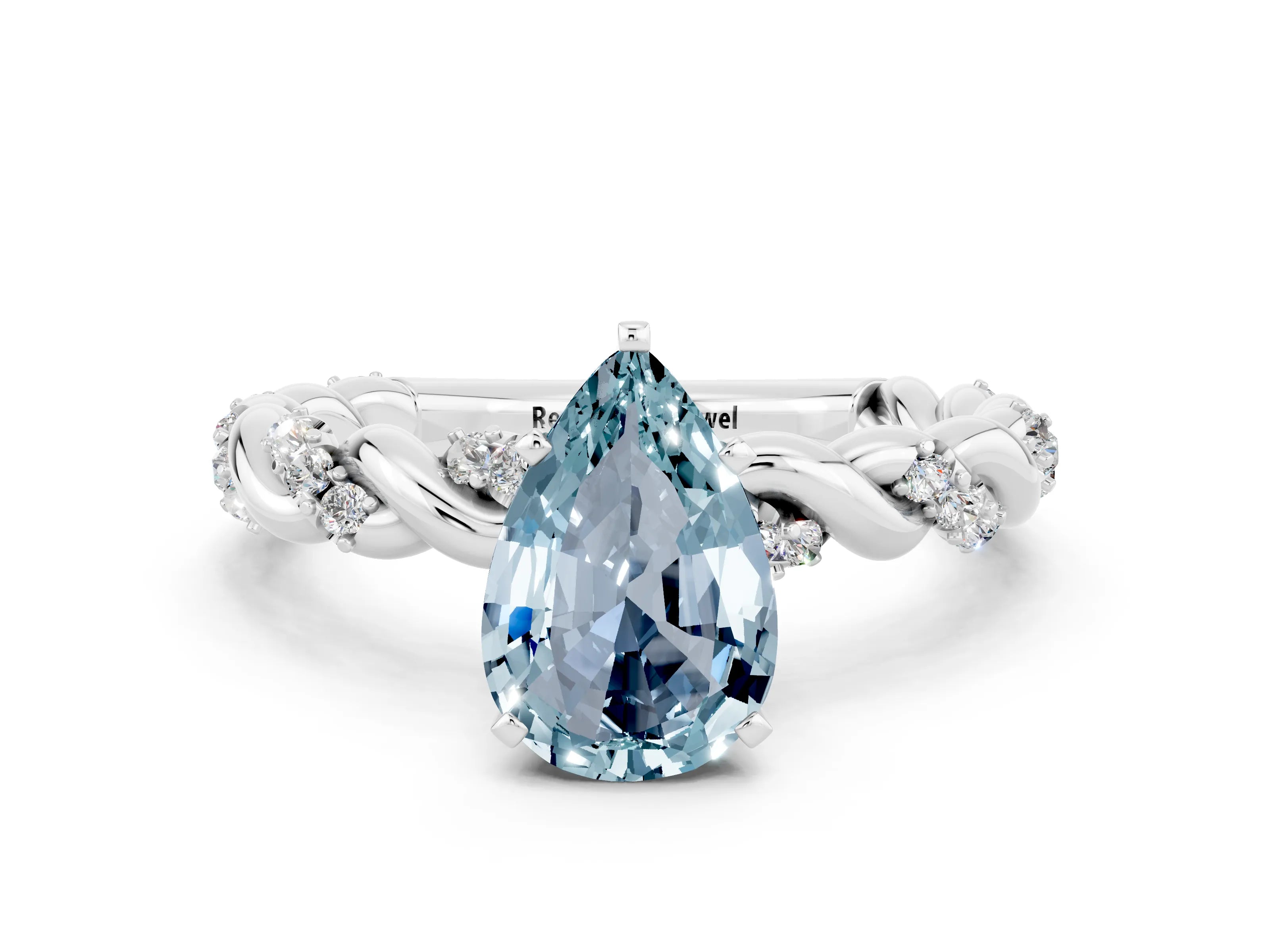 White gold Pear Cut Aquamarine Solitaire Ring with Twisted Band and Pavé Accents