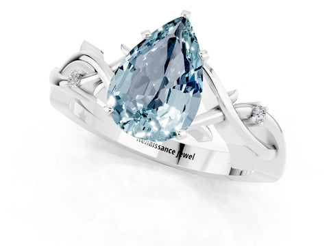 White gold Pear Cut Aquamarine Solitaire Ring with Twisted Band and Prong Setting_1