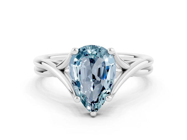Silver Pear Cut Aquamarine Solitaire Twist Band Prong Setting Ring