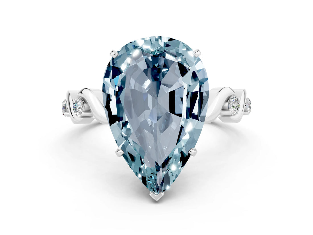 White gold Pear Cut Aquamarine Solitaire Twisted Band with Round  Accents and Prong Setting_12