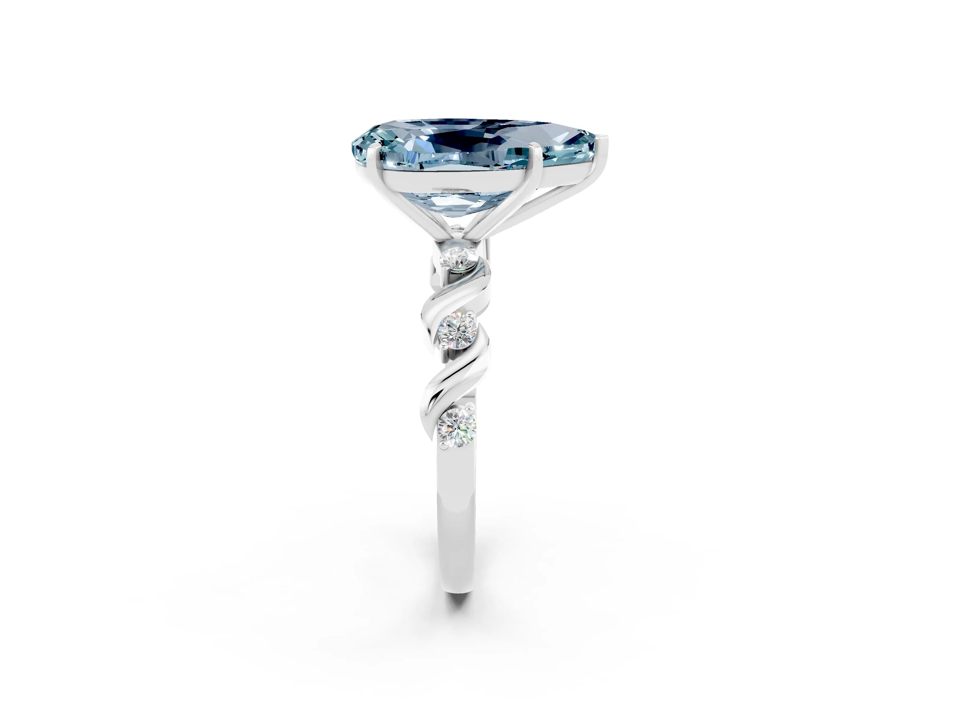 White gold Pear Cut Aquamarine Solitaire Twisted Band with Round  Accents and Prong Setting_14