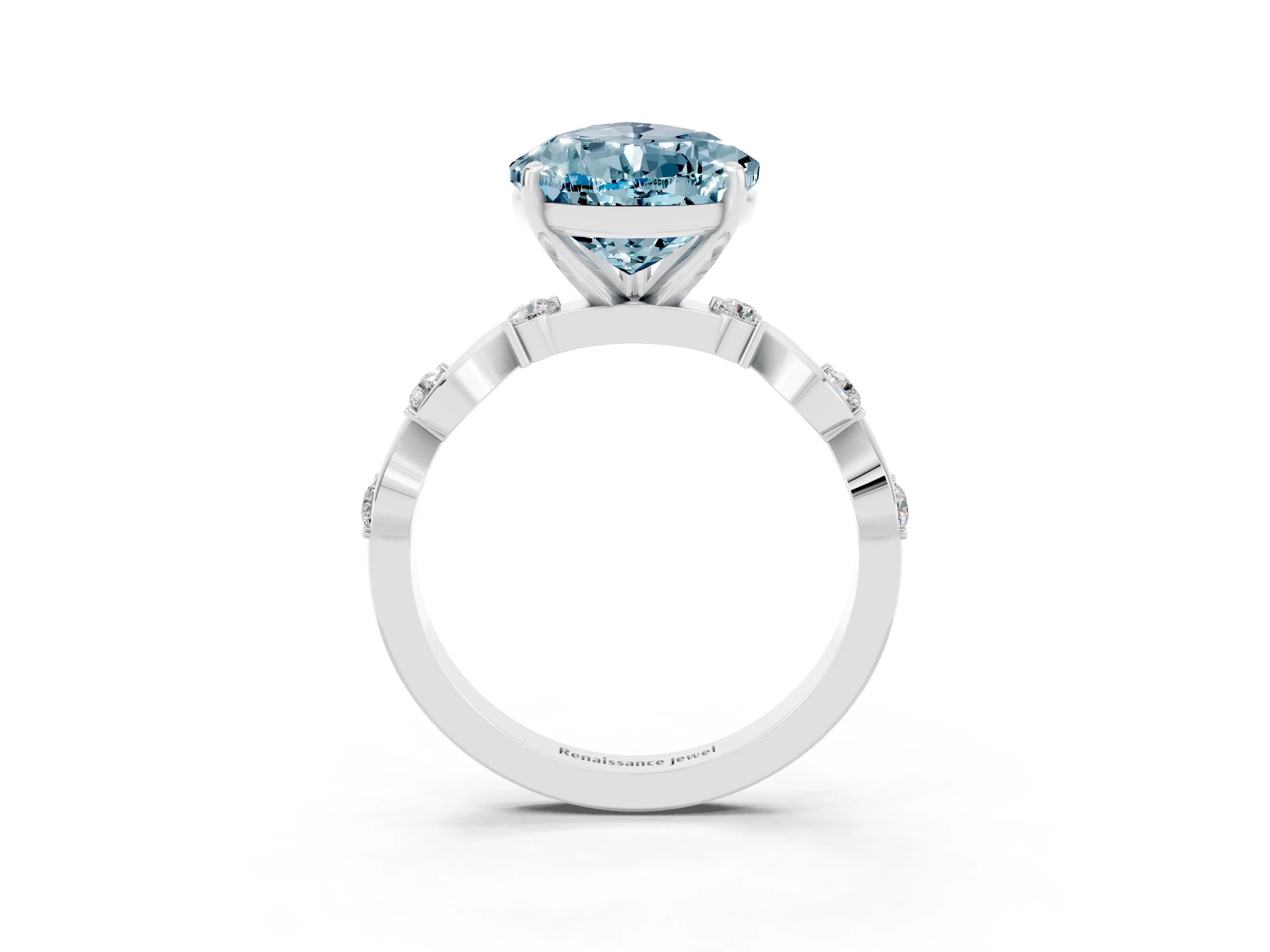 White gold Pear Cut Aquamarine Solitaire Twisted Band with Round  Accents and Prong Setting_15