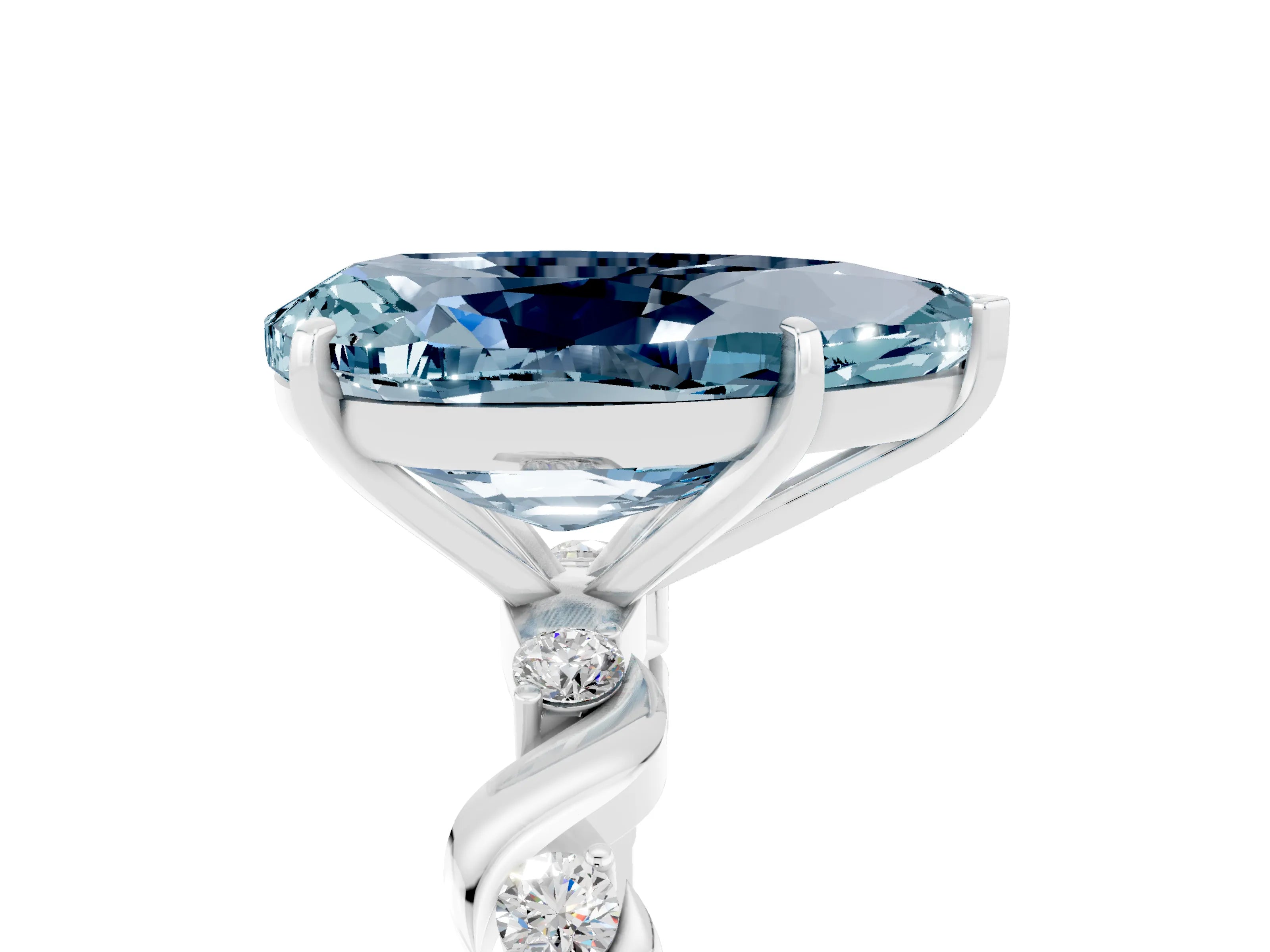 White gold Pear Cut Aquamarine Solitaire Twisted Band with Round  Accents and Prong Setting_17
