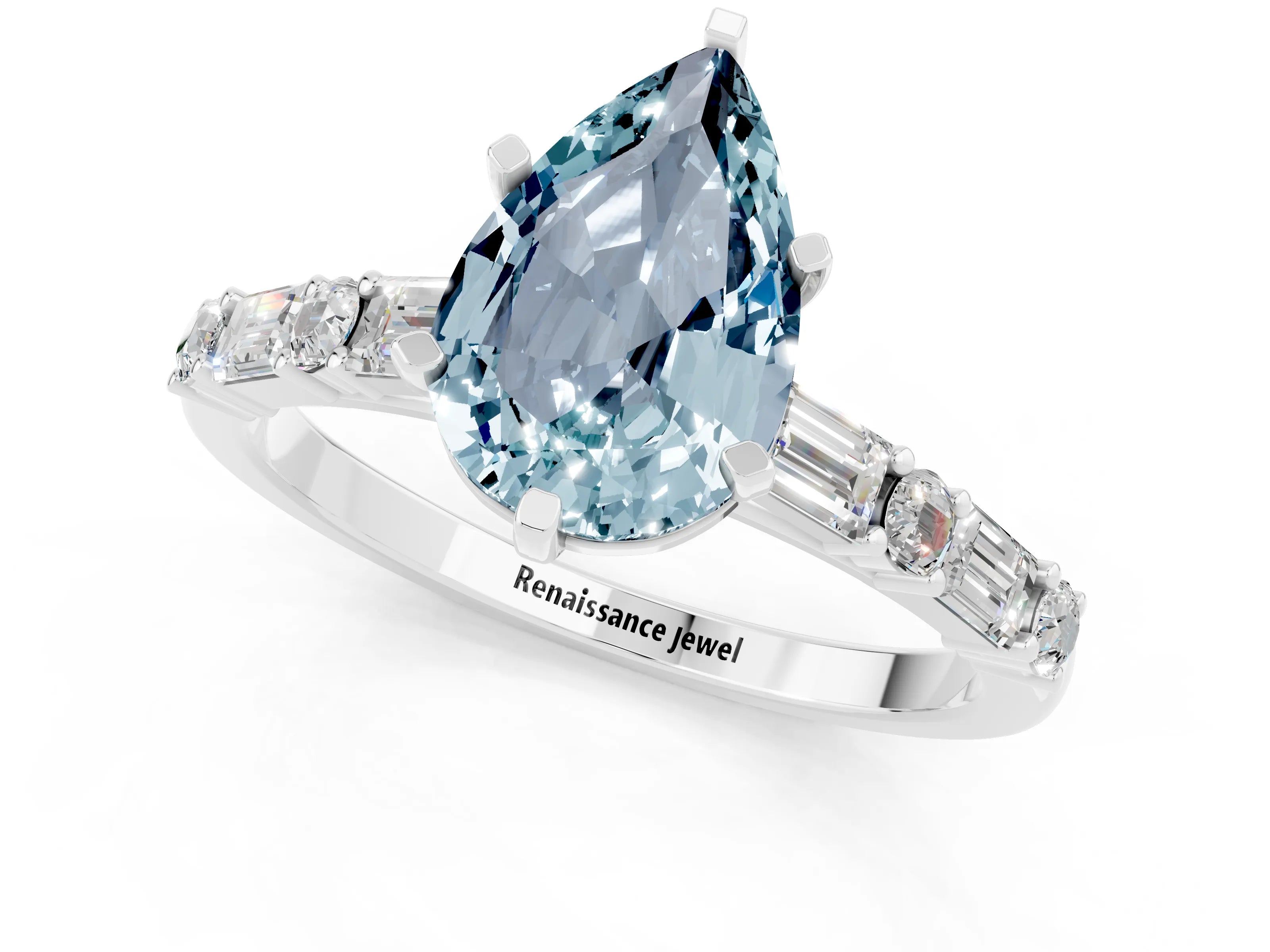 White gold Pear Cut Aquamarine Solitaire with Side Baguettes and Channel Set Band_1