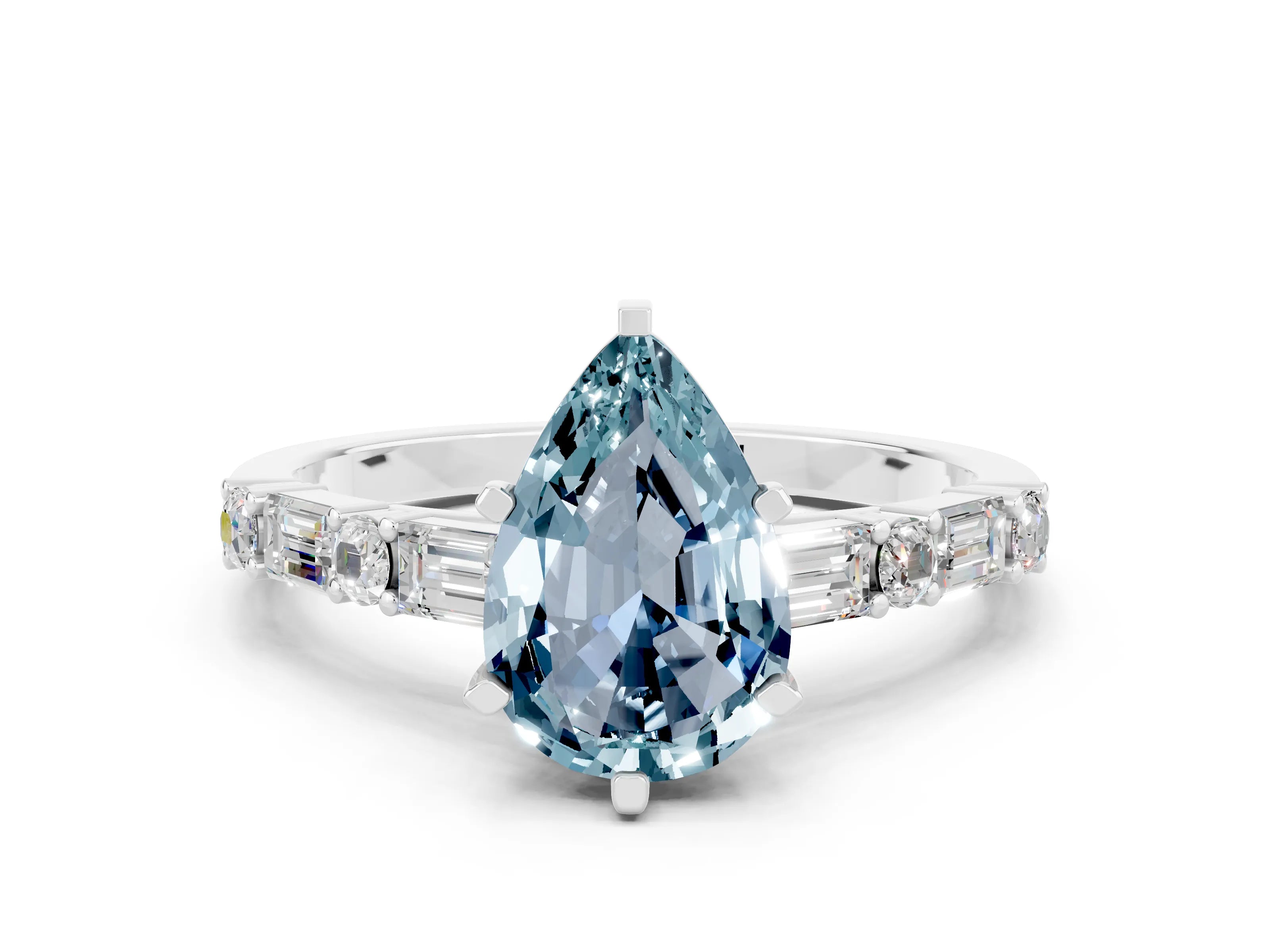 White gold Pear Cut Aquamarine Solitaire with Side Baguettes and Channel Set Band