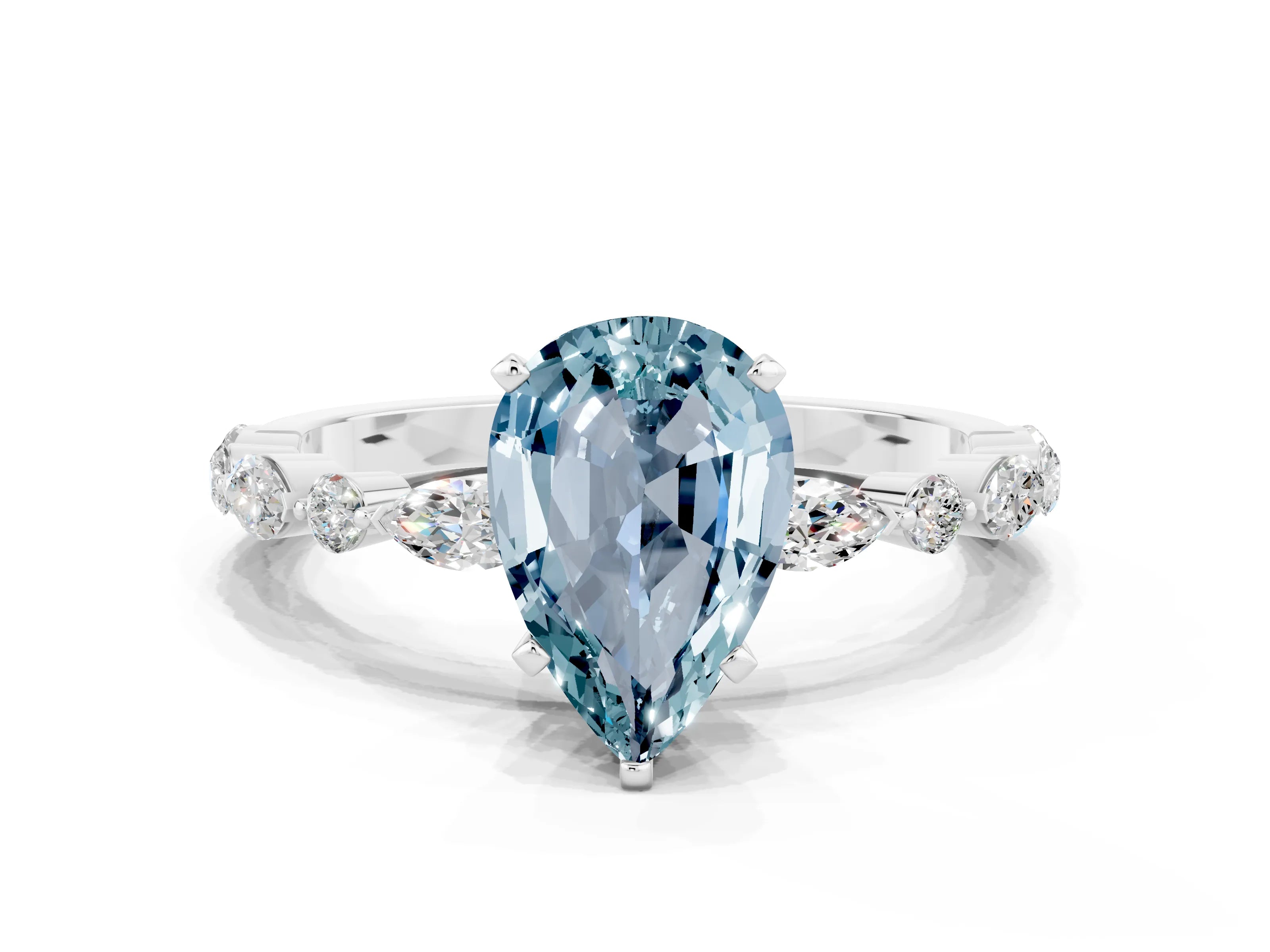 White gold Pear Cut Aquamarine Solitaire with Side Stones on a Pavé Band and Four-Prong Setting