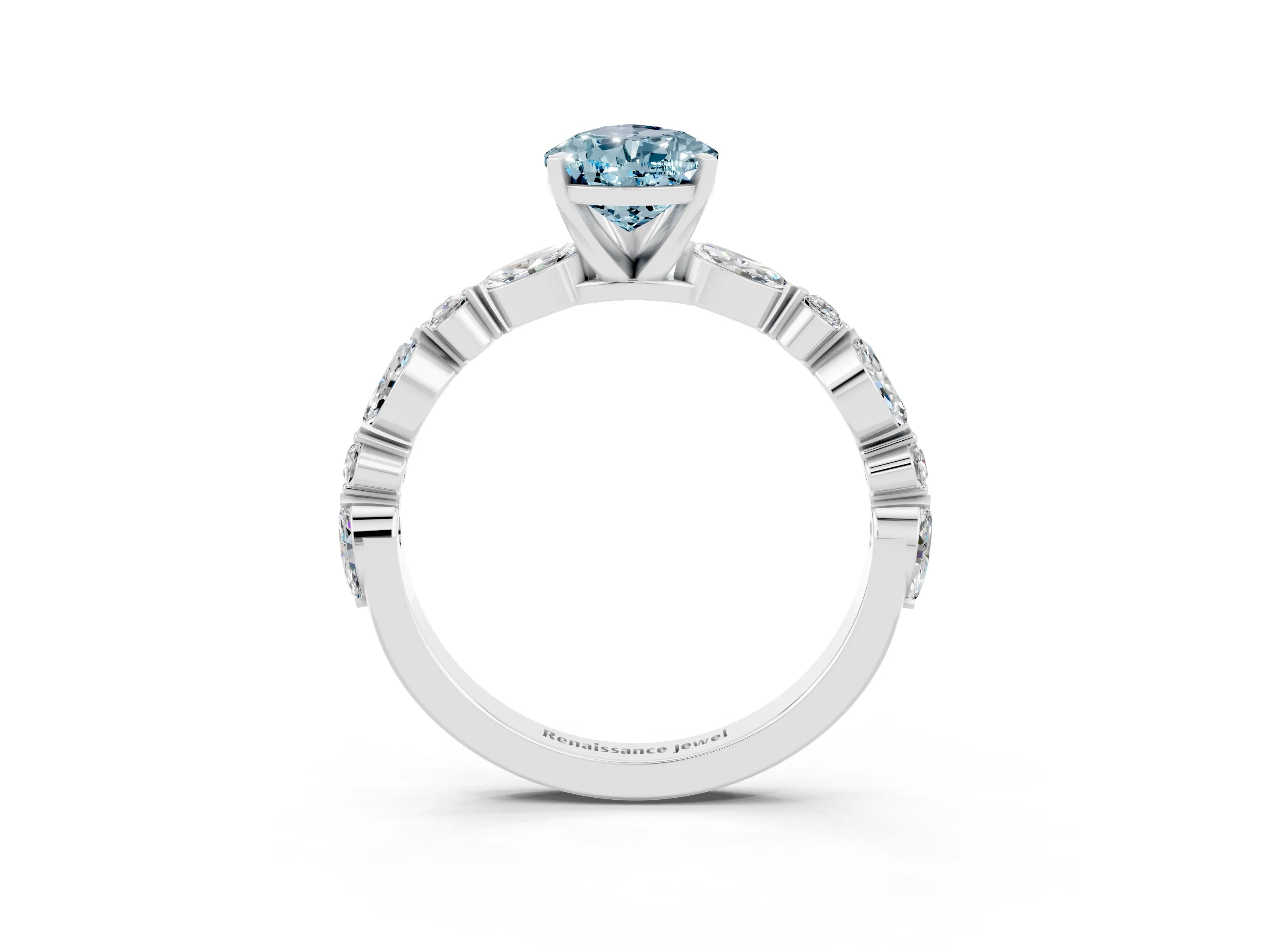 White gold Pear Cut Aquamarine Solitaire with Side Stones on a Pavé Band and Four-Prong Setting_3