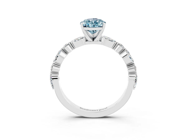 White gold Pear Cut Aquamarine Ring with Marquise and Round  Side Stones and Four-Prong Setting